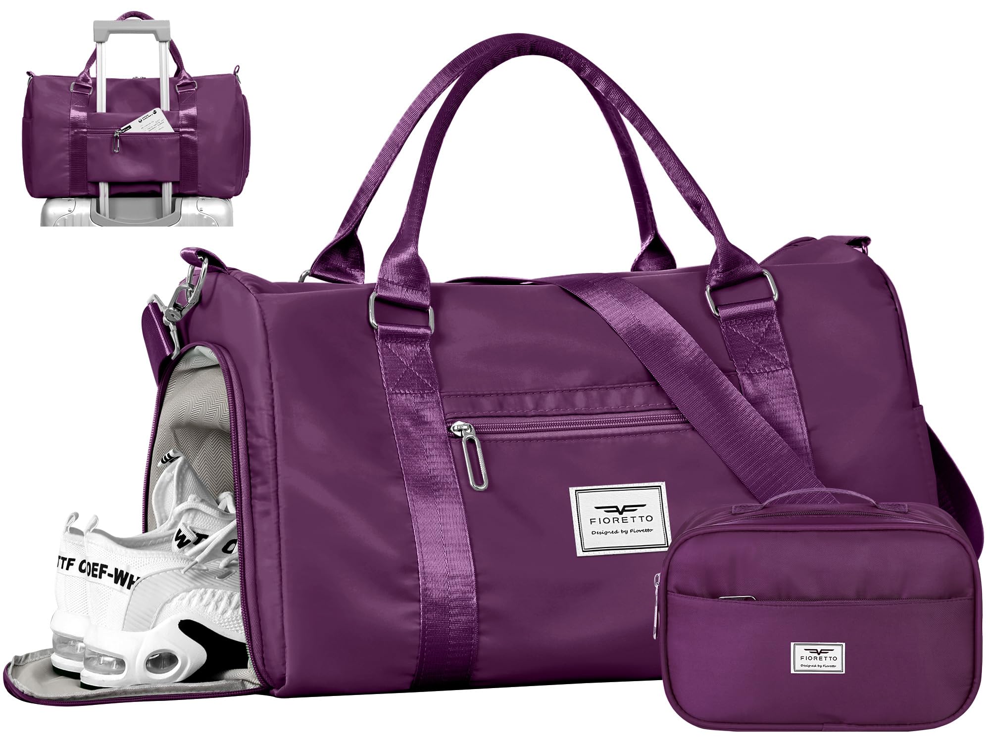 FIORETTO Womens Gym Tote Duffle Bag with Toiletry Bag, Sports Duffel Overnight Hospital Workout Carry on Bag for Girls with Wet Pocket &amp; Shoe Compartment, Ideal for Travel, Swimming, Dance Purple