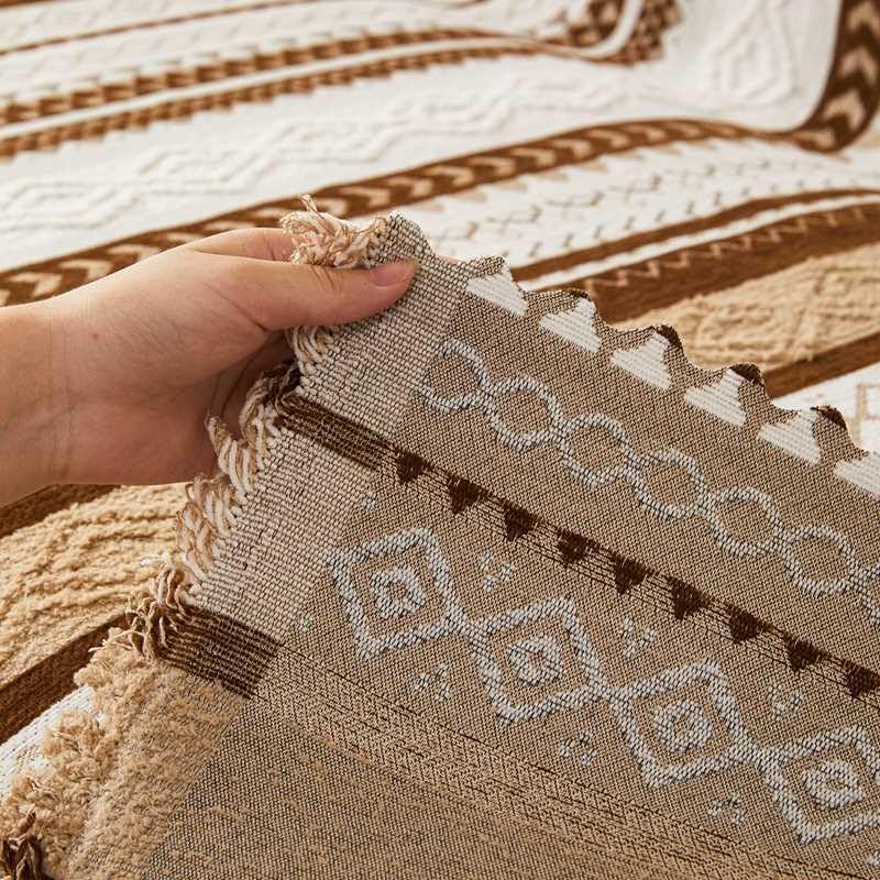 Image of HOMETHREADS Chenille Bohemian Boho Style Sofa Cover | Thick & Soft Luxury Slipcover | Protective, Washable & Stylish Couch Cover for Living Room Decor. (Boho Line Beige, 4 Seater | 200x180cm)