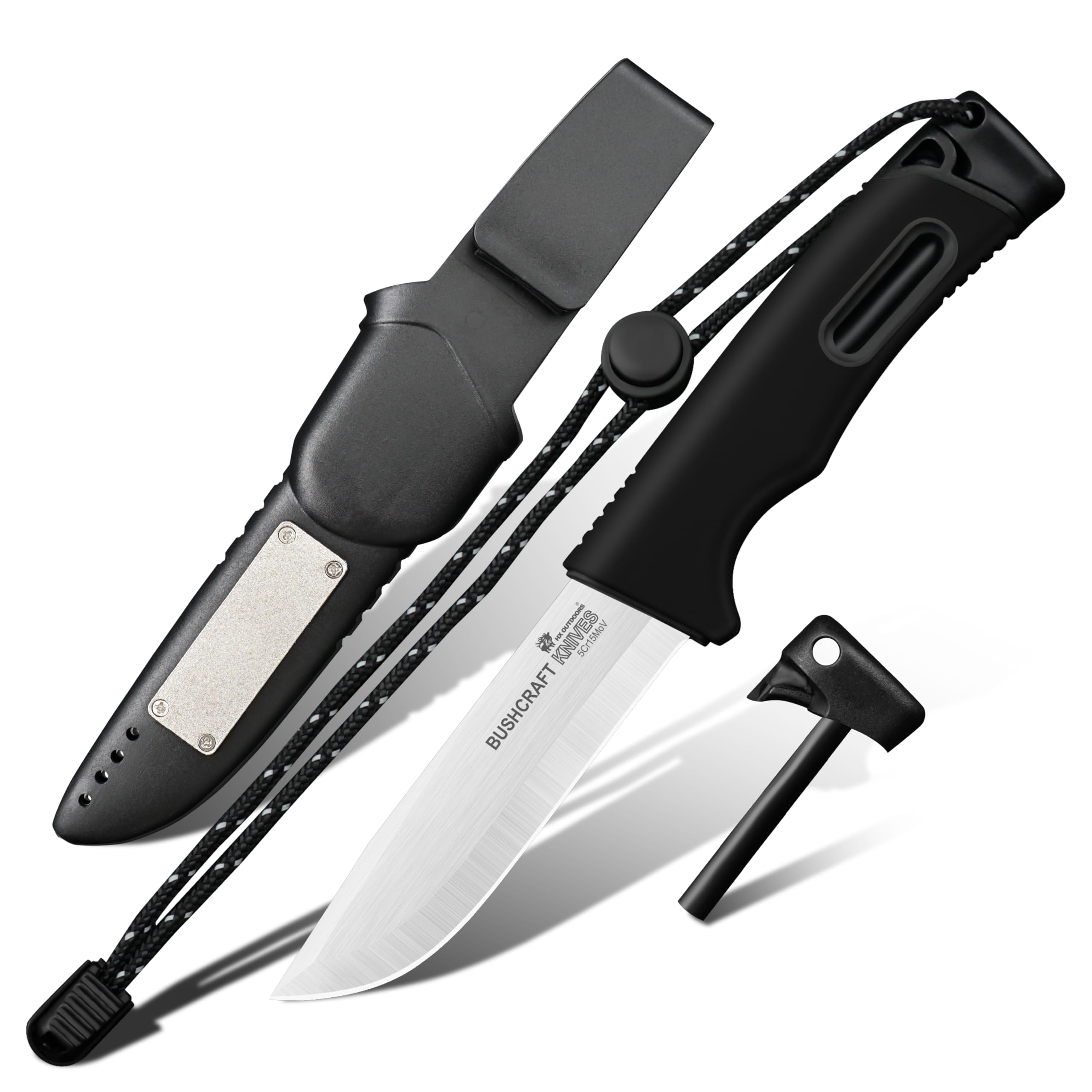 HX OUTDOORS Extra Sharp Bushcraft Knife, 5Cr15MoV Stainless Steel Fixed Blade Survival Camping Knife with Fire Starter and Plastic Sheath for Outdoor, Backpacking (Black)