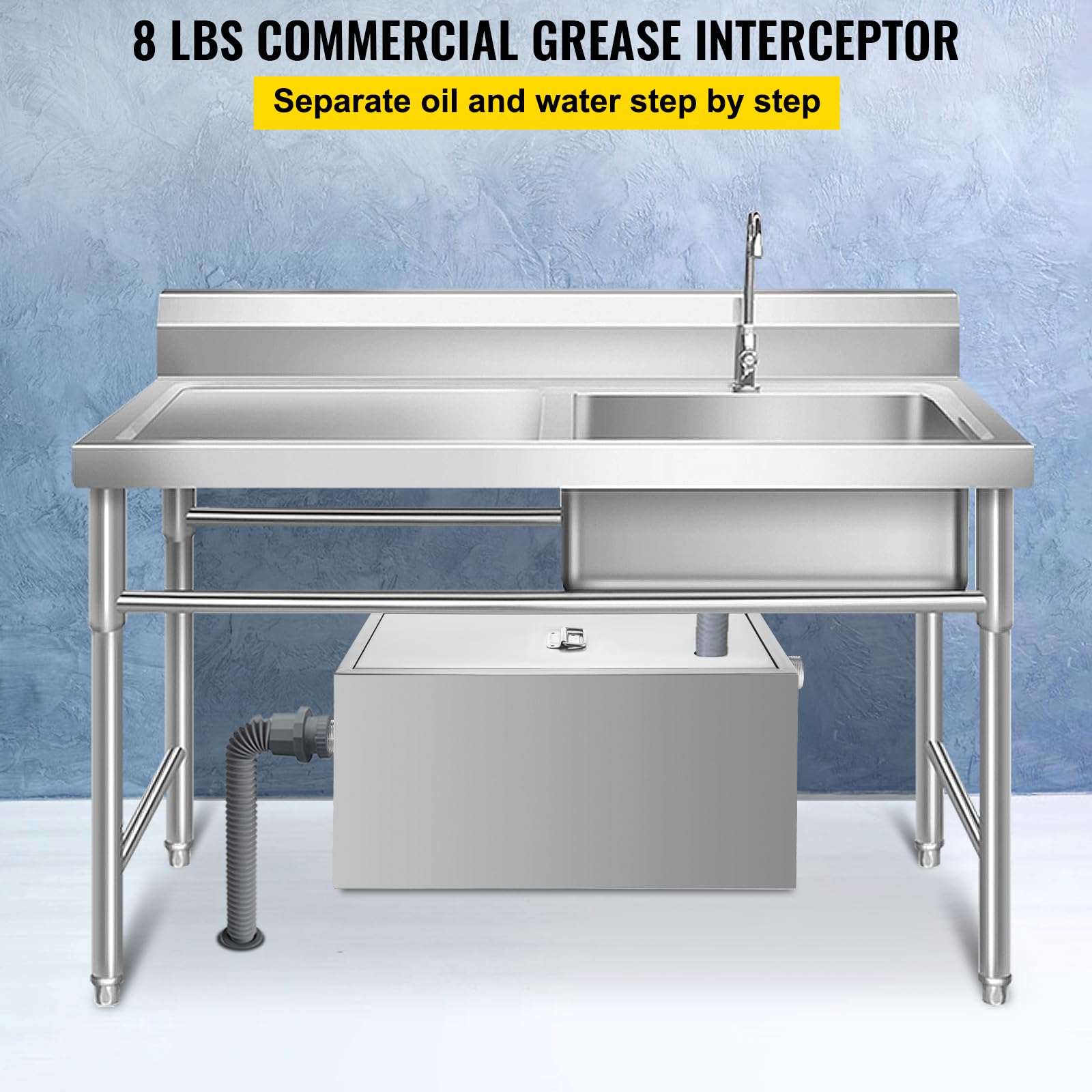 VEVOR Interceptor de Grasa Comercial Separador de Grasa 3,6kg Trampa de Grasa Entrada Superior Acero Inoxidable Debajo del Fregadero Separador de Agua y Aceite 2,8GPM para Cocina, Cantina, Restaurante