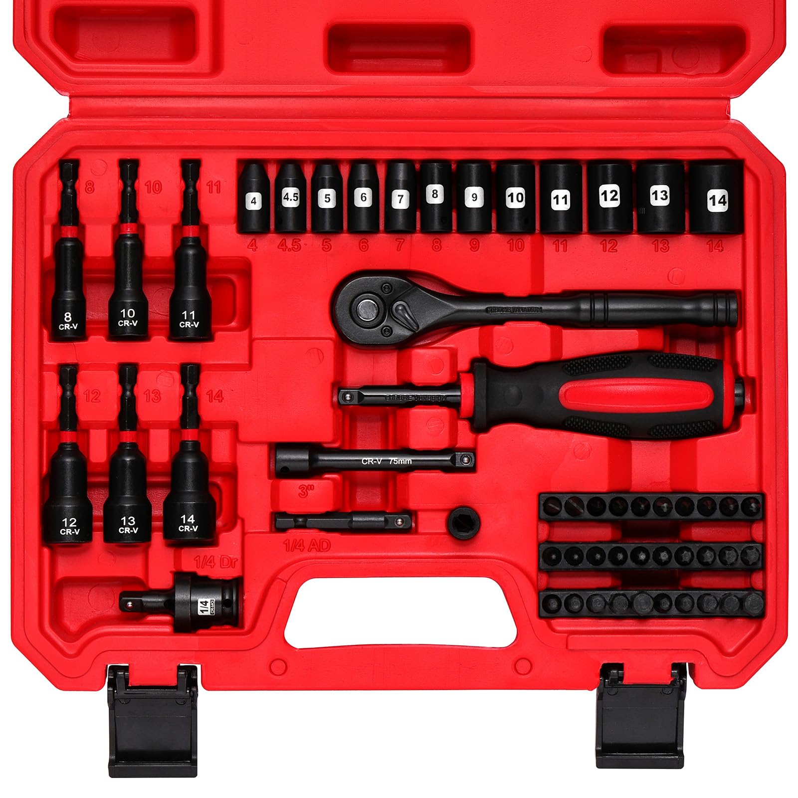 Mayouko 54 Piece Metric 1/4" Drive Socket Ratchet Wrench Set & Magnetic Nut Driver Set, Shallow Socket (4-14mm),6 Point, 72 Teeth Ratcheting Wrench,Screwdriver Bit Set, Universal Joints & Extensions
