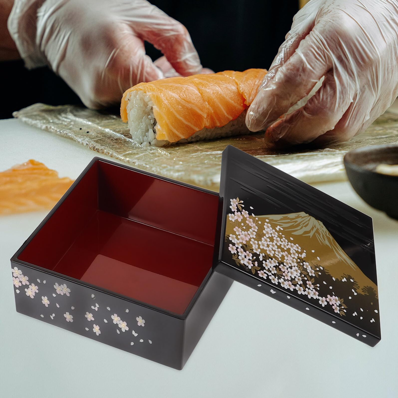Scatola per Sushi Giapponese Motivo Monte Fuji Nero in Plastica, 3 Strati Multifunzionale per Conservare Sushi e Dolci, per Riunioni di Famiglia