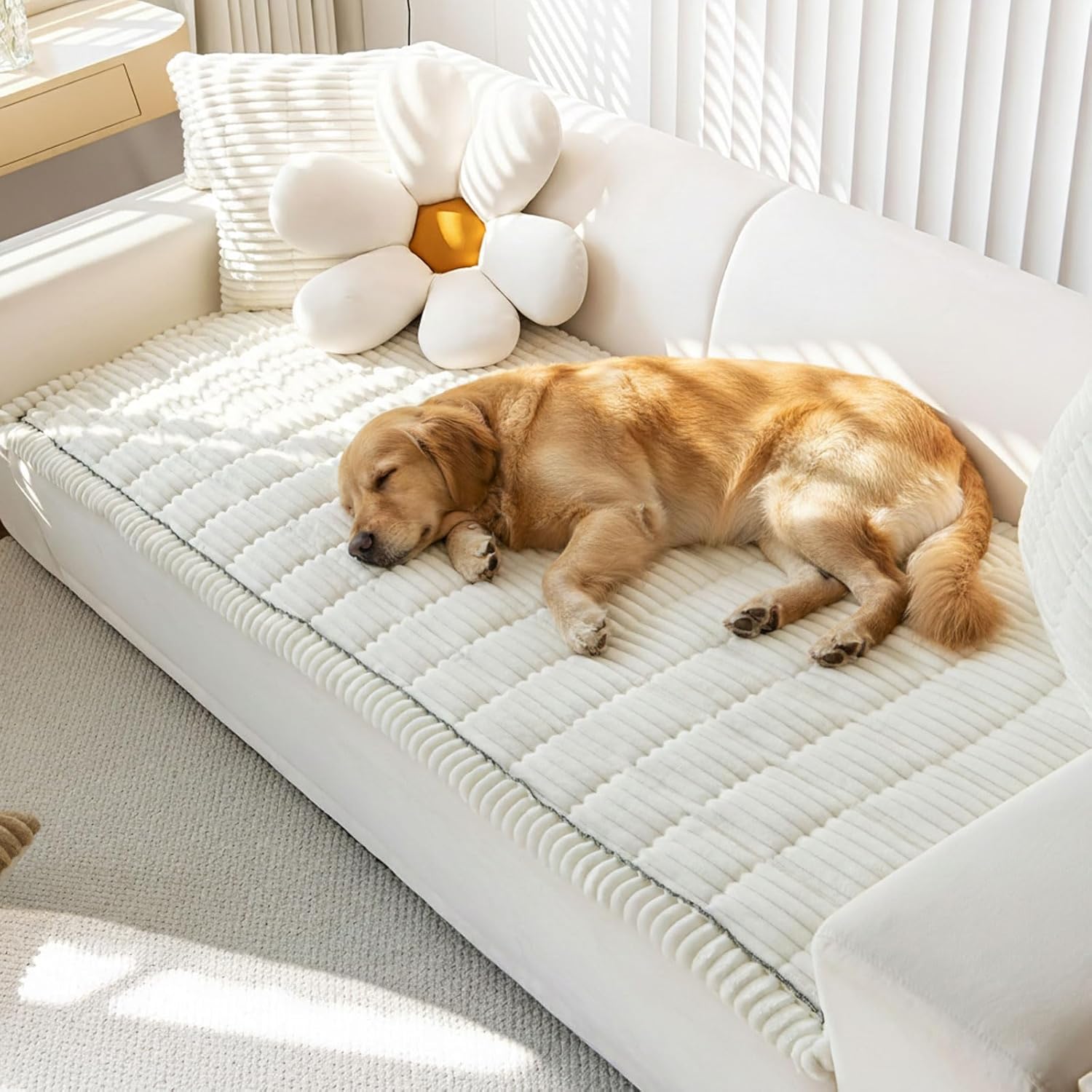Pet Chenille Couch Cover for Dogs, Machine Washable Quilted Sofa Seat Pad with Non-Slip Backing, Soft Plush Couch Mat for Couches and Sofas (White, L: 24 * 82 in)