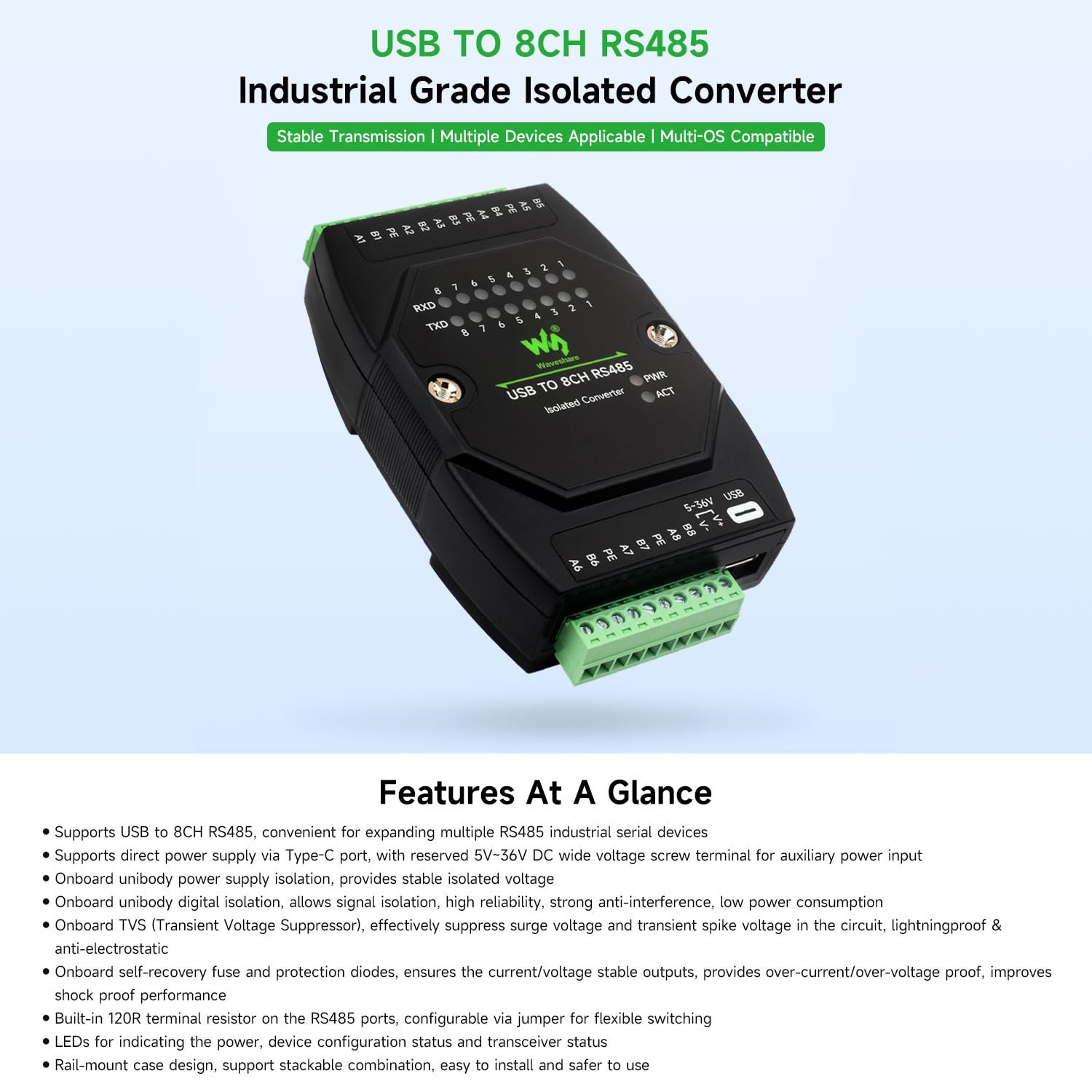 Waveshare USB to 8CH RS485 Industrial Grade Isolated Converter, USB to RS485 Adapter, Multiple Protection Circuits, Wall-Mount and Rail-Mount Support, Multi-OS Compatible