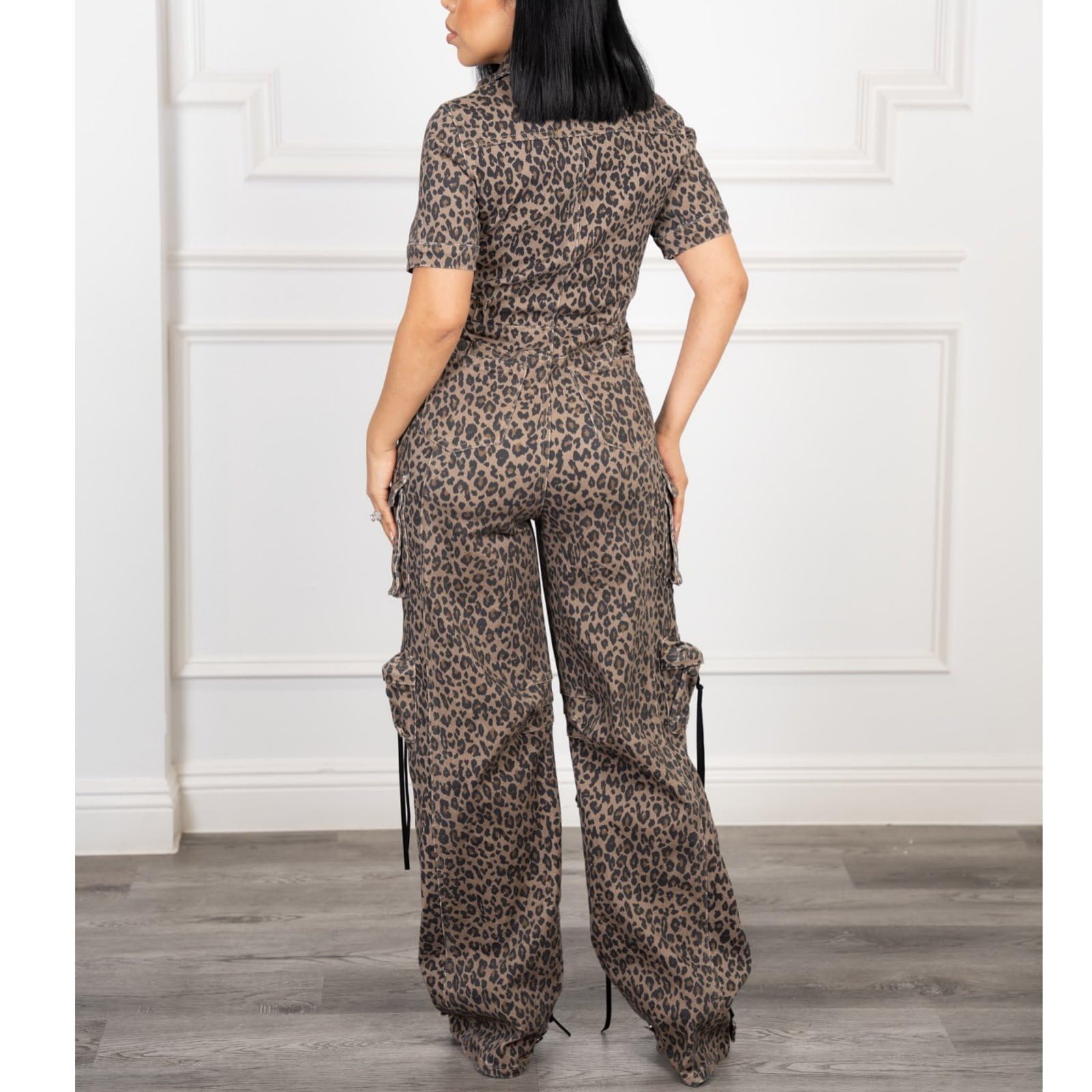 Modny kombinezon cargo dla kobiet Leopard Print Lapel Button Workowate pajacyki z kieszeniami