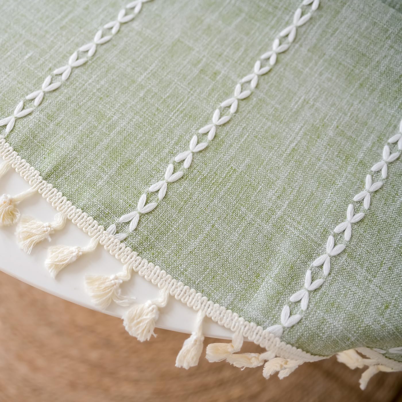 Nappe Ronde en Coton et Lin Dentelle à Pompons Lavable en Machine Vert 200cm de diamètre