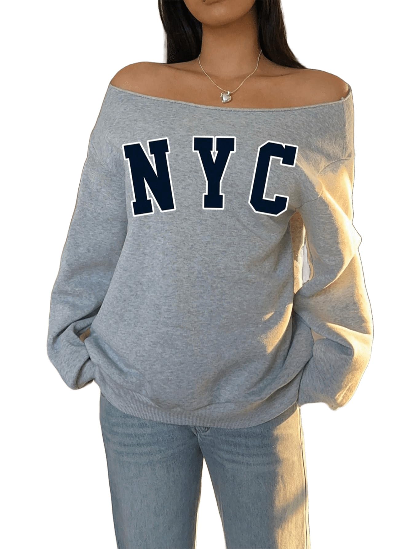 sxv style SXV NYC Off Shoulder Sweatshirt, Grey Cotton Blend, Casual Long Sleeve Pullover Top for Women-picture-42