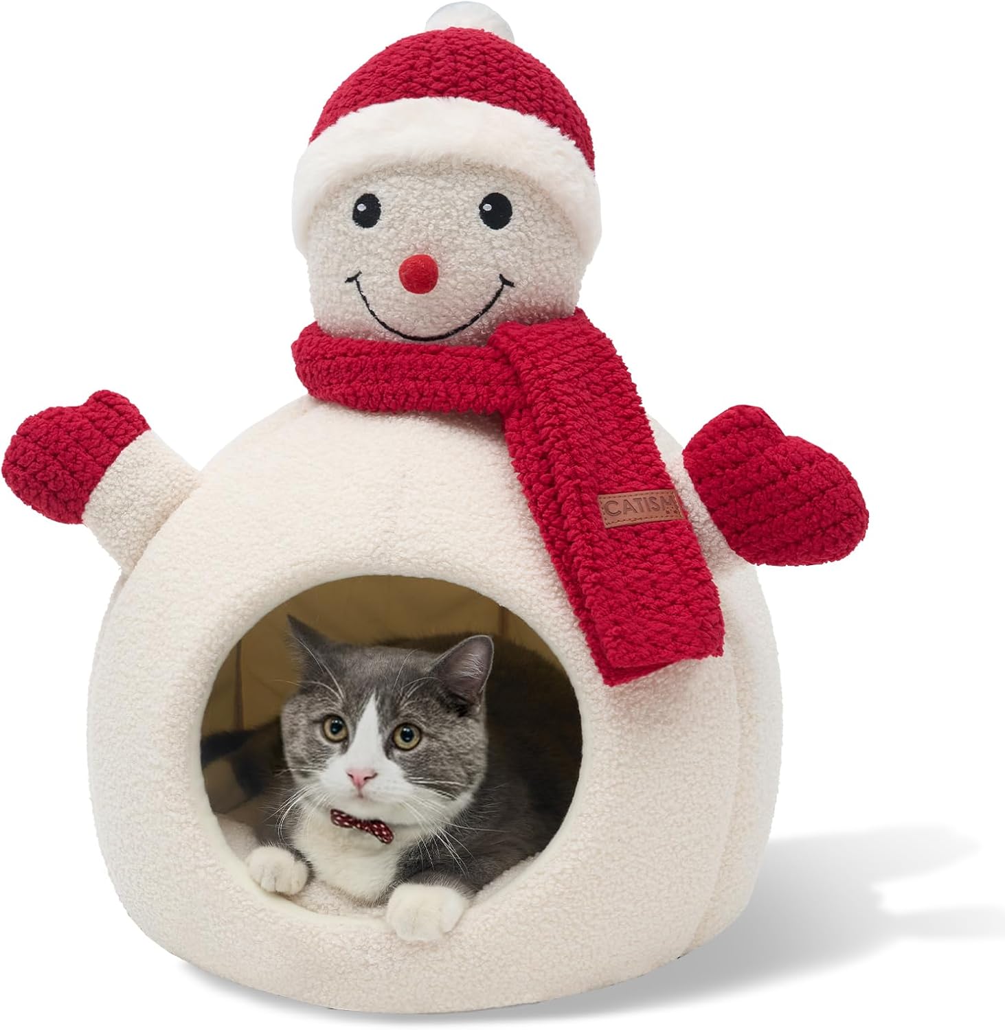 CATISM Cat Bed - Cat Cave Beds for Indoor Cats, Dog Bed Washable Non-Slip Cats Igloo Pod Windproof Fluffy Nesting for Pets, Snowman (White, L)
