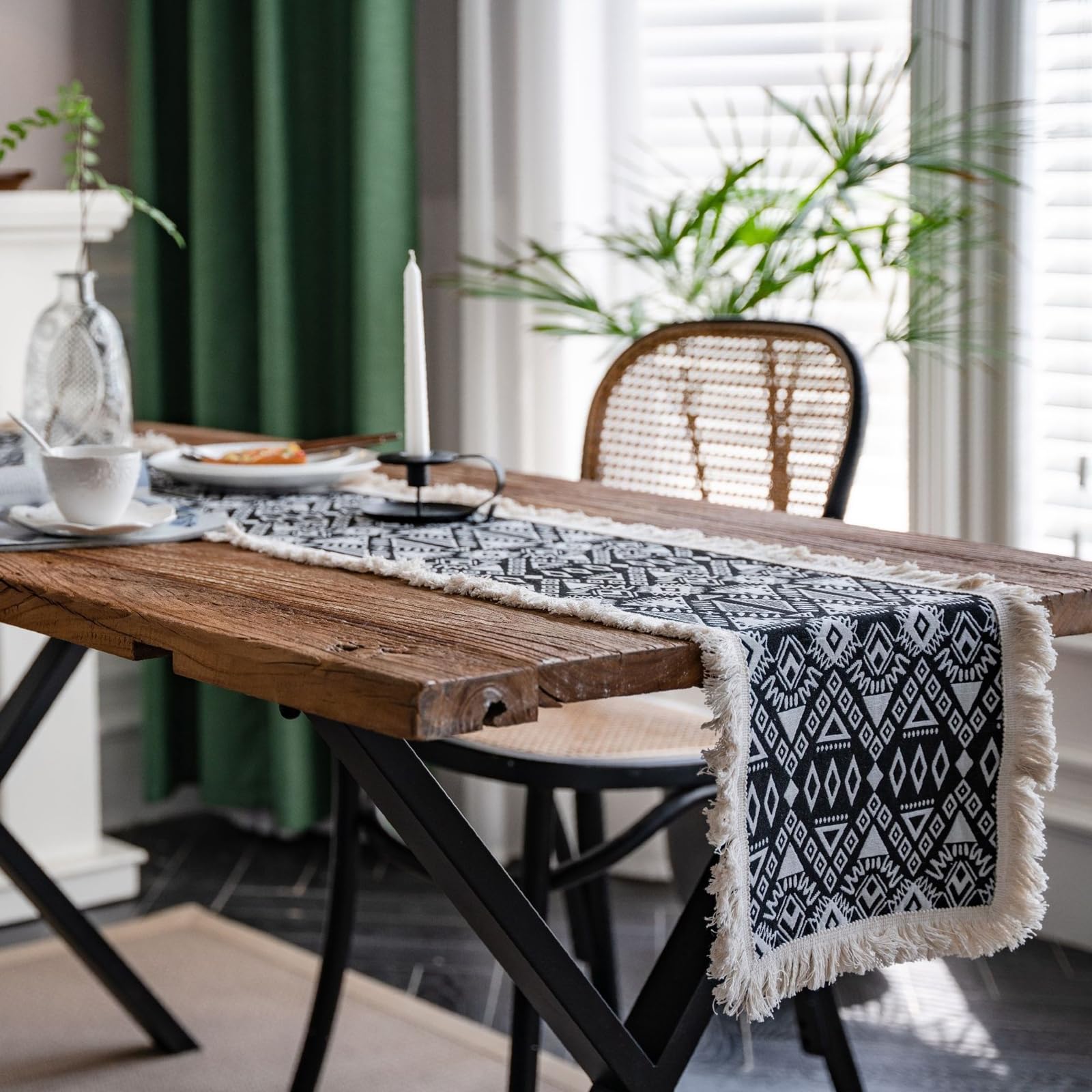 Runner da Tavolo Cotone Lino 30x240 cm, Runner da Tavola Moderno Lavabile Motivo Geometrico A Rombo Jacquard con Nappe Decorazioni per Sala da Pranzo Feste, Nero