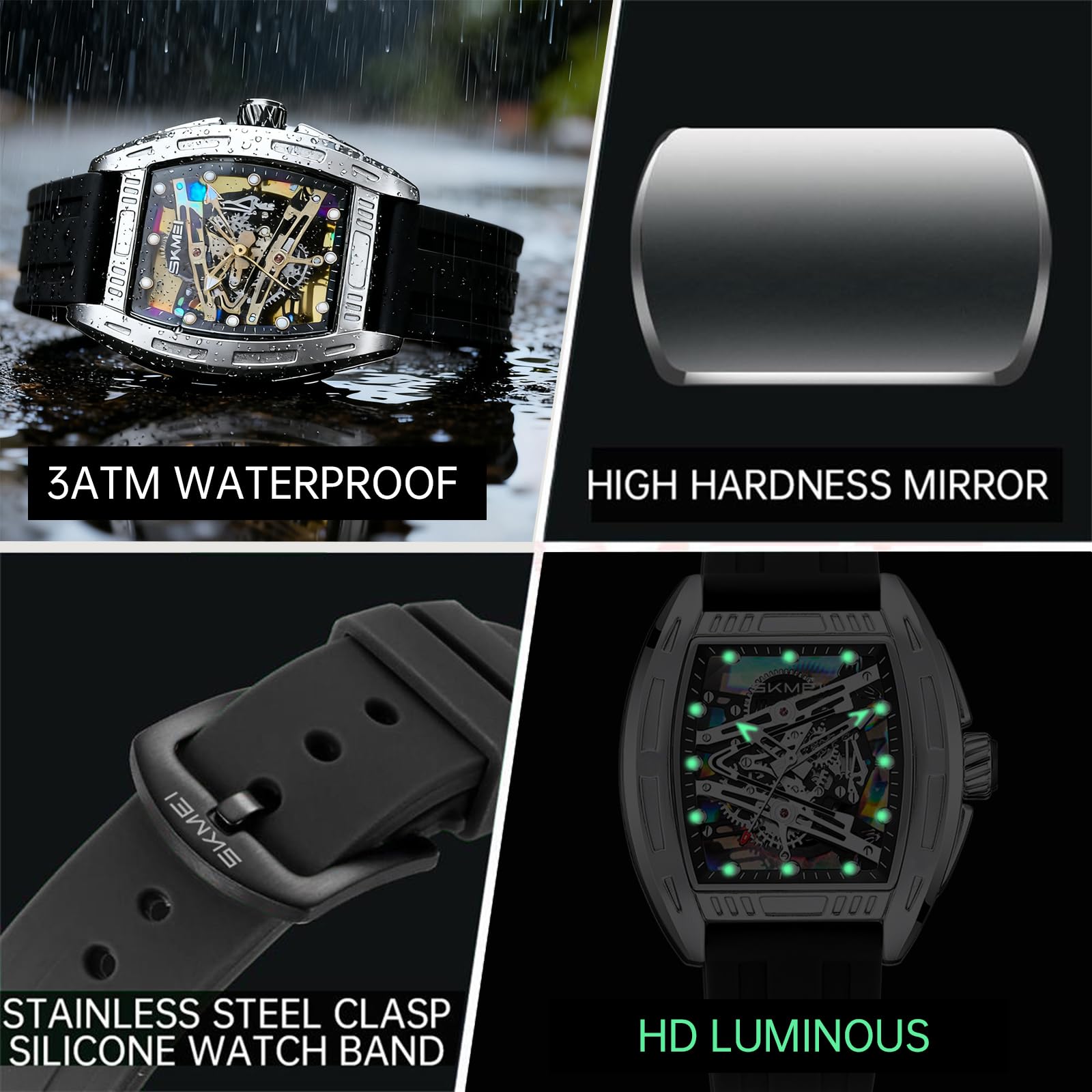 SKMEI Reloj analógico de esqueleto de moda para hombre, de lujo, casual, impermeable, con luminoso