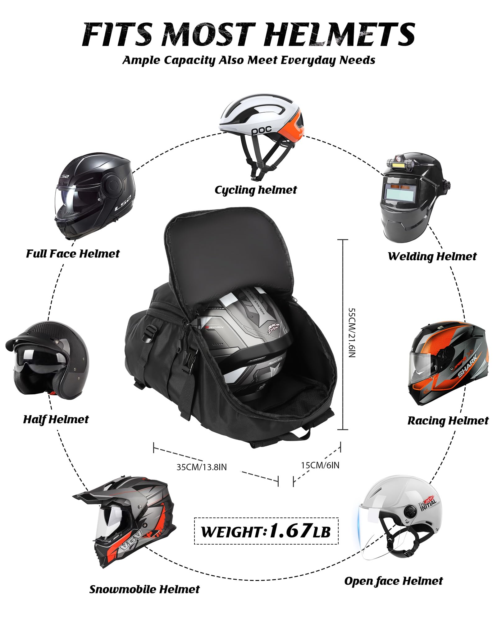 Motorradrucksäcke Wasserdicht Helmrucksack für Herren Damen Groß Motorrad Rucksäcke Reise Rucksäcke mit Schuhfach Leicht Herren Motorradrucksack Motorcycle Backpack Schwarz