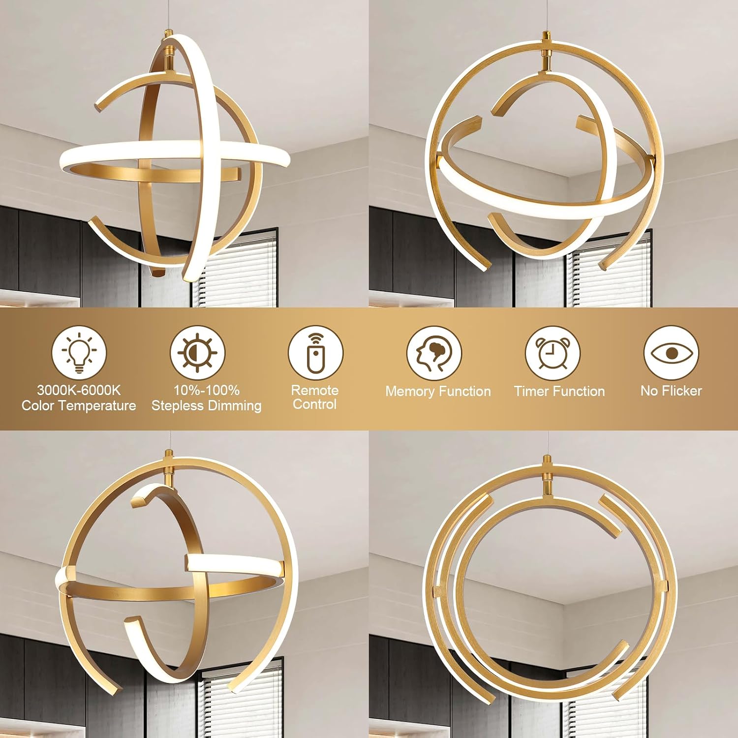 Modern Gold Dimmable LED Chandelier, 13 Inch Brushed Metal Globe Pendant Lights, Hanging Ceiling Light Fixture for Kitchen Island Living Room Room Dining Bedroom Hallway Entryway Foyer (3-Pack)