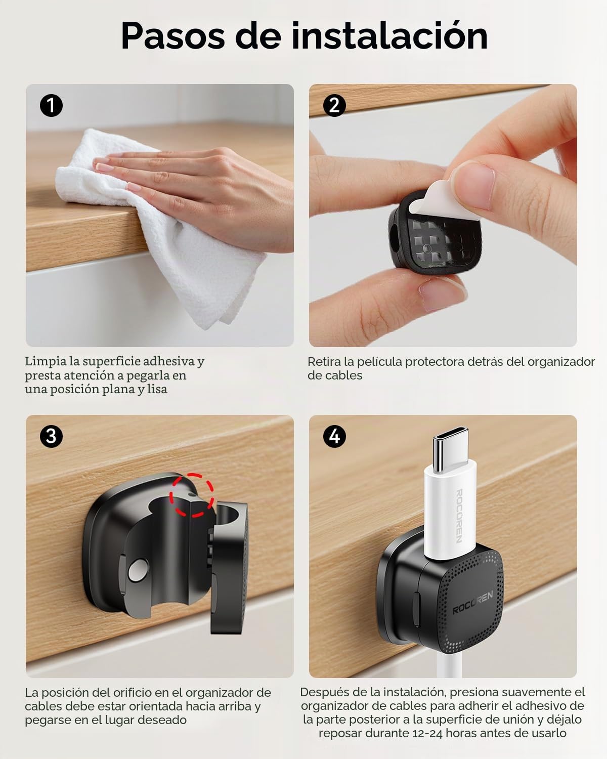 Rocoren 30 Pack Clips Magnéticos para Cables, Soporte Organizador de Cables Adhesivo para el Hogar la Oficina, el Escritorio el teléfono el Coche la Pared el Escritorio la Mesita de Noche (Negro)