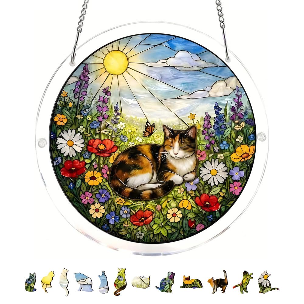 83 Pieces Hanging Acrylic Suncatcher Puzzle,DIY Acrylic Jigsaw Puzzle for Adults, 2mm Transparency Acrylic, Acrylic Suncatcher Puzzles for Doors Garden Window (Flower Field Cat, 11 Inches)