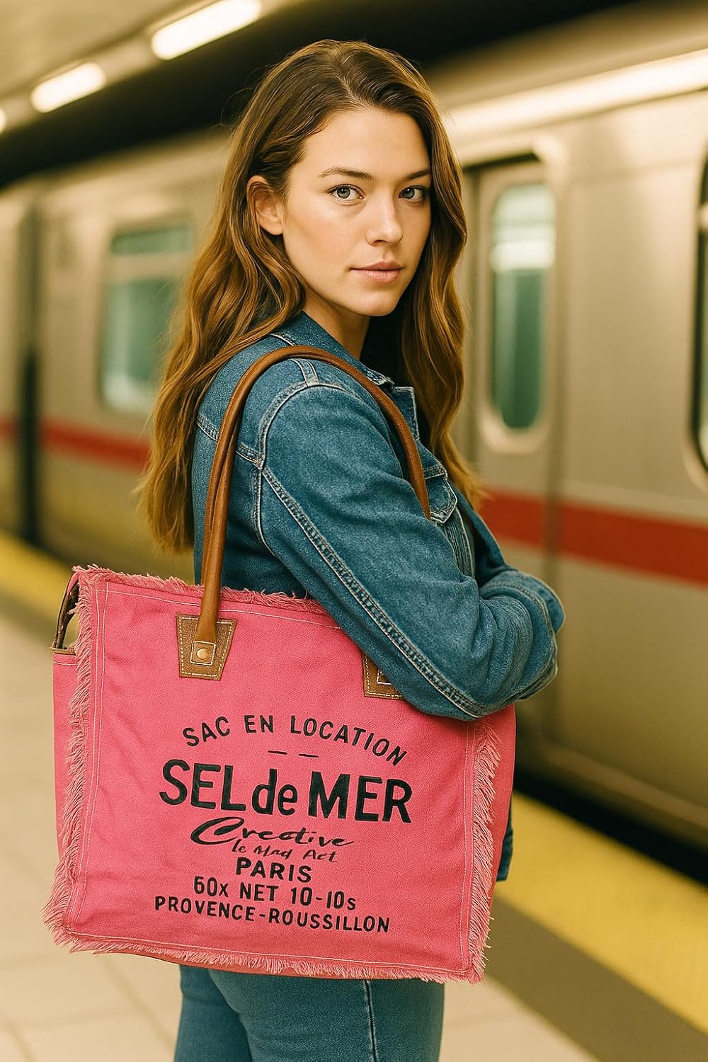 Sel de Mer Canvas Tote Bag for Women with Leather Handles, Shoulder Bag, Casual Everyday Purse, Beach, Travel, Shopping Bag - Image 4