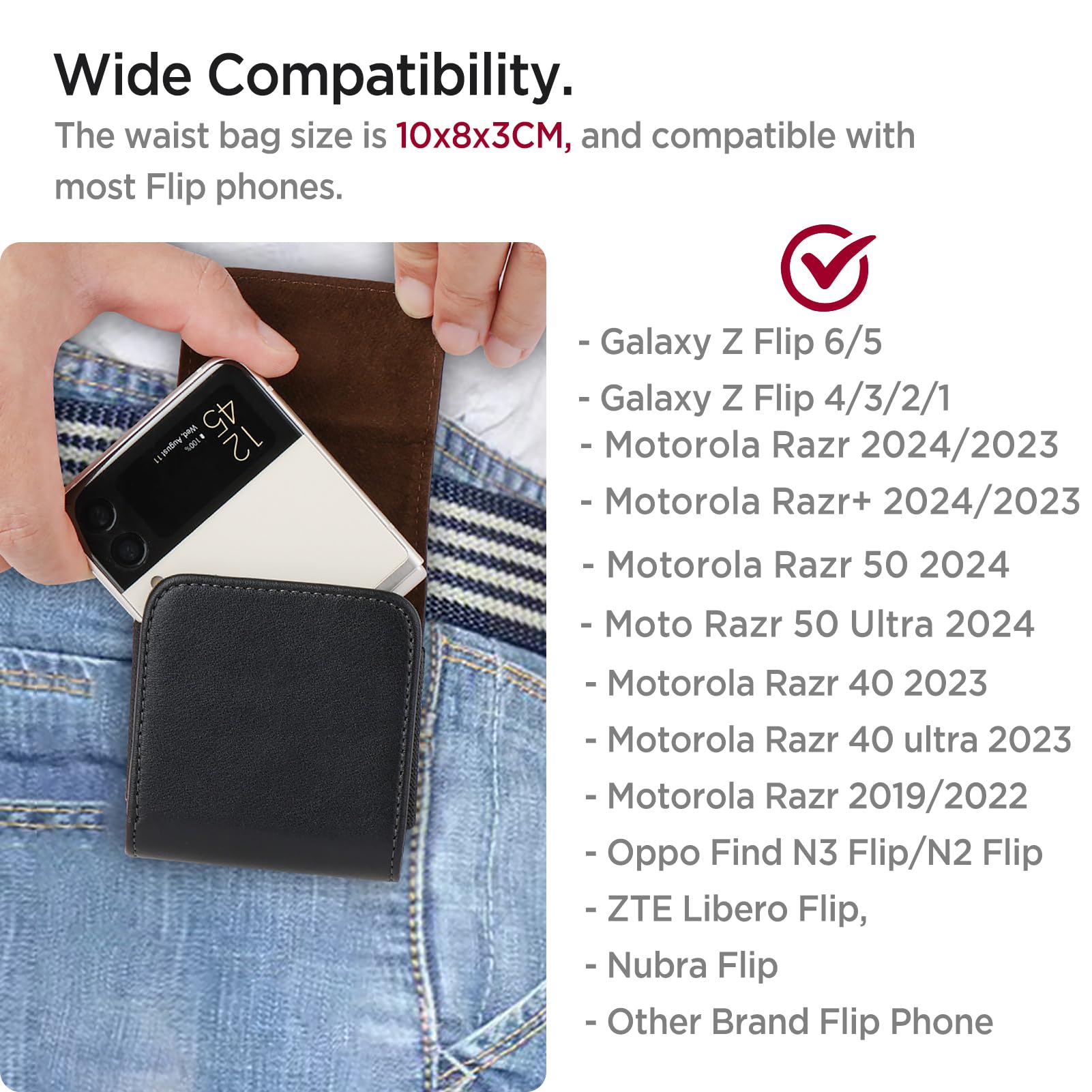 Miimall Etui na telefon komórkowy kompatybilne z Samsung Galaxy Z Flip 7/7FE/6/5/4/3/MOTO Razr40/50/60 Ultra, etui na pasek z klipsem do paska, obracane o 360°, cienkie, skórzane etui na pasek, etui