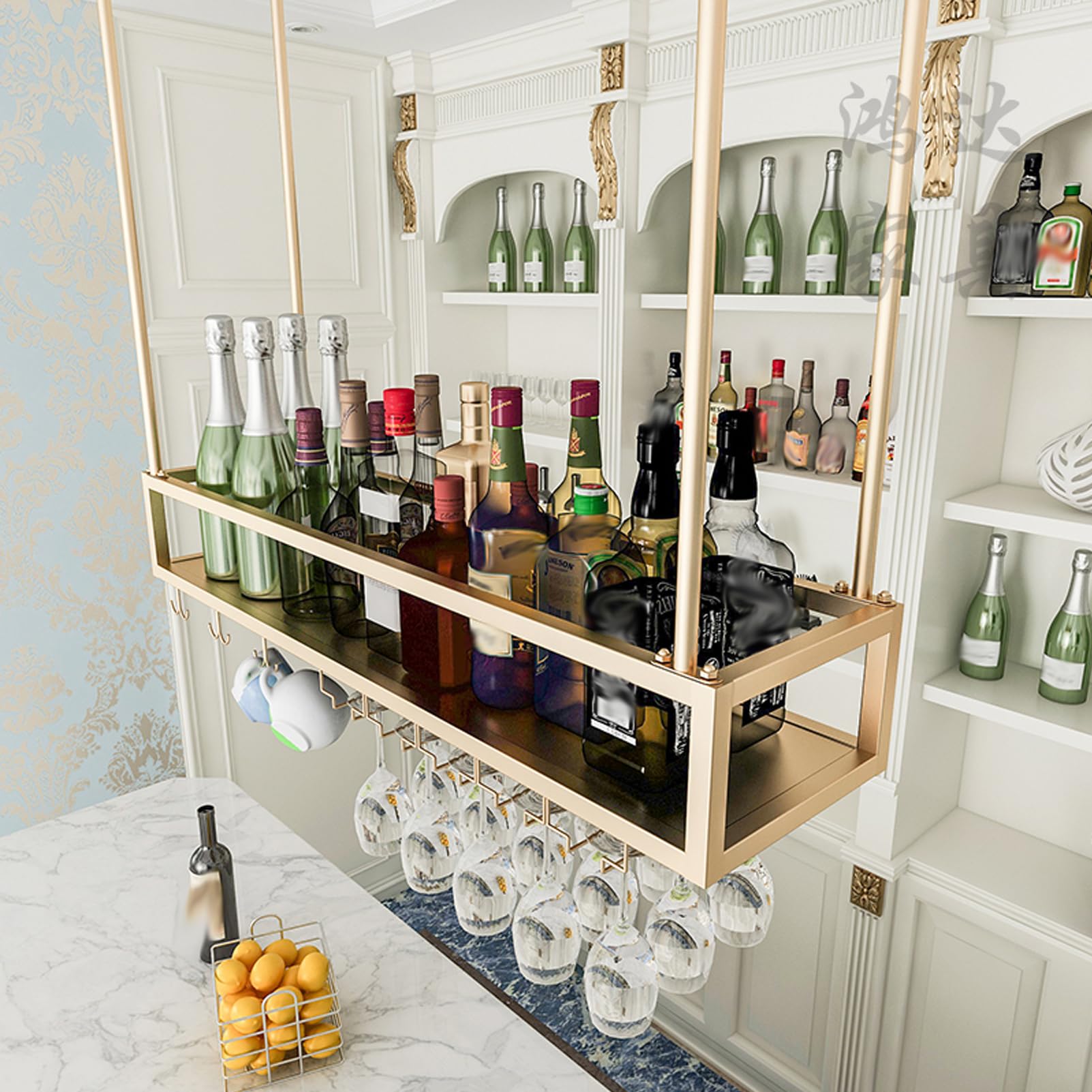 Rack en verre à vin suspendu au plafond doré de 100cm pour l'aménagement des bars