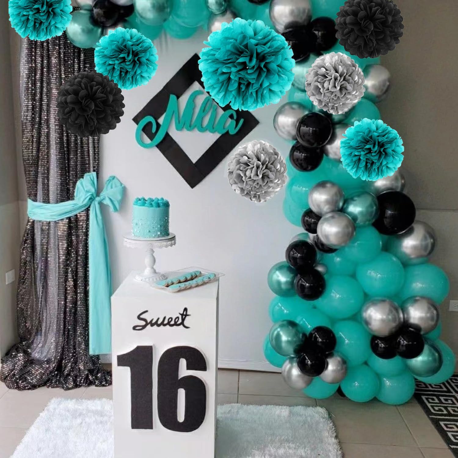 12PCS Teal Silver Black Tissue Pom Poms Party Streamers - Turquoise Paper Flowers Backdrop for Teal and Black Graduation, Sweet 16 Girls 13th Birthday Decorations, Wedding, Bridal Shower