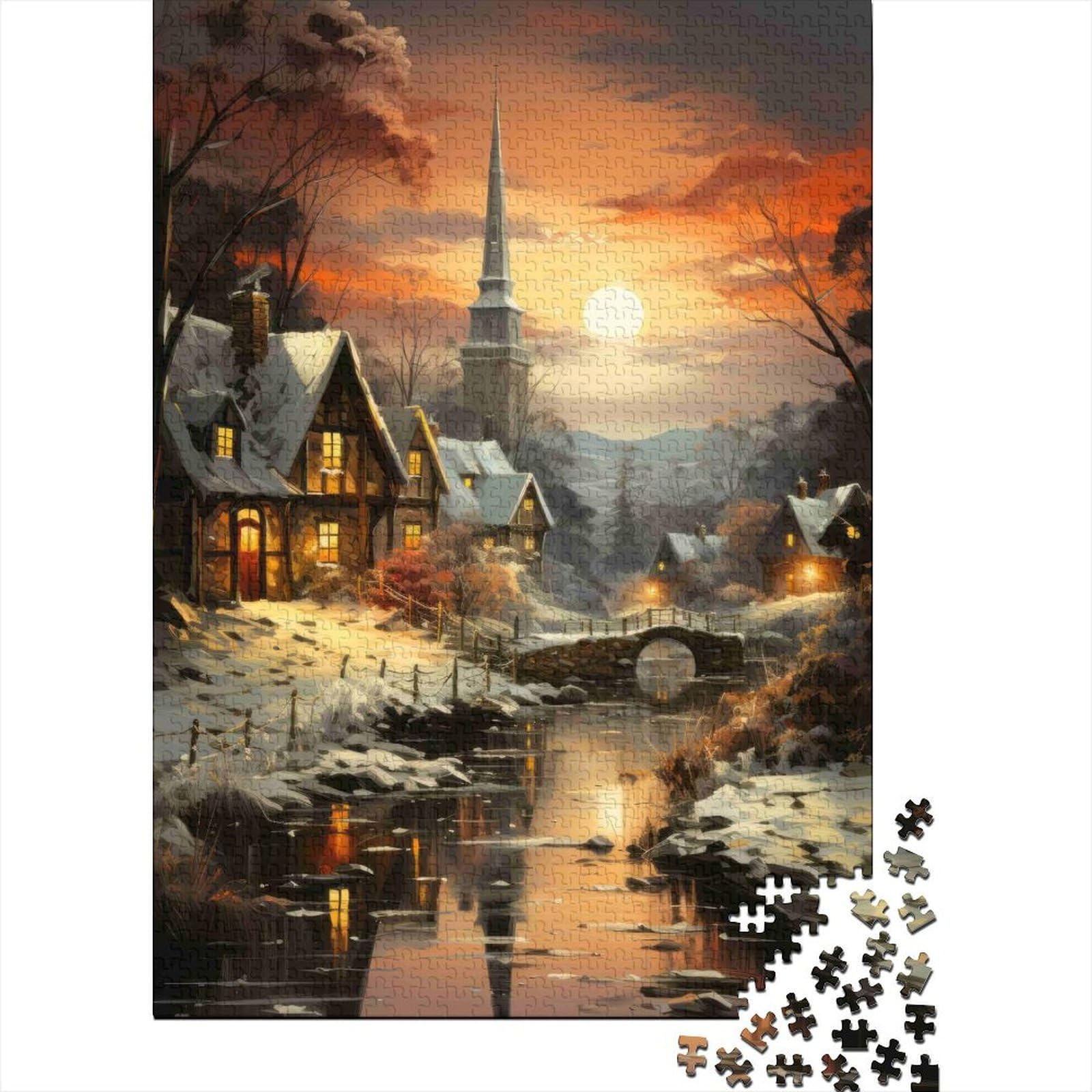 Winter Village Sunset Jigsaw Puzzles Puzzle for Adults Kids. 1000 Pieces Impossible Challenge Toy Educational Games Home Decoration for Educational Games Gifts 38x26cm/1000pcs