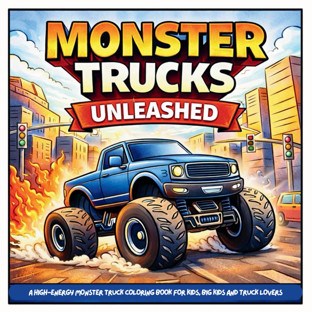 Monster Trucks Unleashed: Monster Truck Coloring Book for Kids – Big Wheels, Action-Packed Scenes, Bold & Easy Designs for Boys, Toddlers, and Truck Lovers