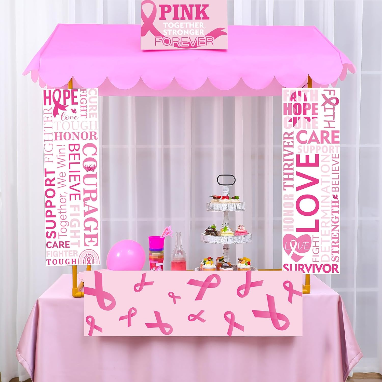6 Packs Breast Cancer Awareness Cardboard Tabletop Hut Decor Kit with Frame Cardboard Tabletop Hut Pink Ribbon Banner Hope Faith Strength Cutout for Breast Cancer Event Survivor Party Supplies