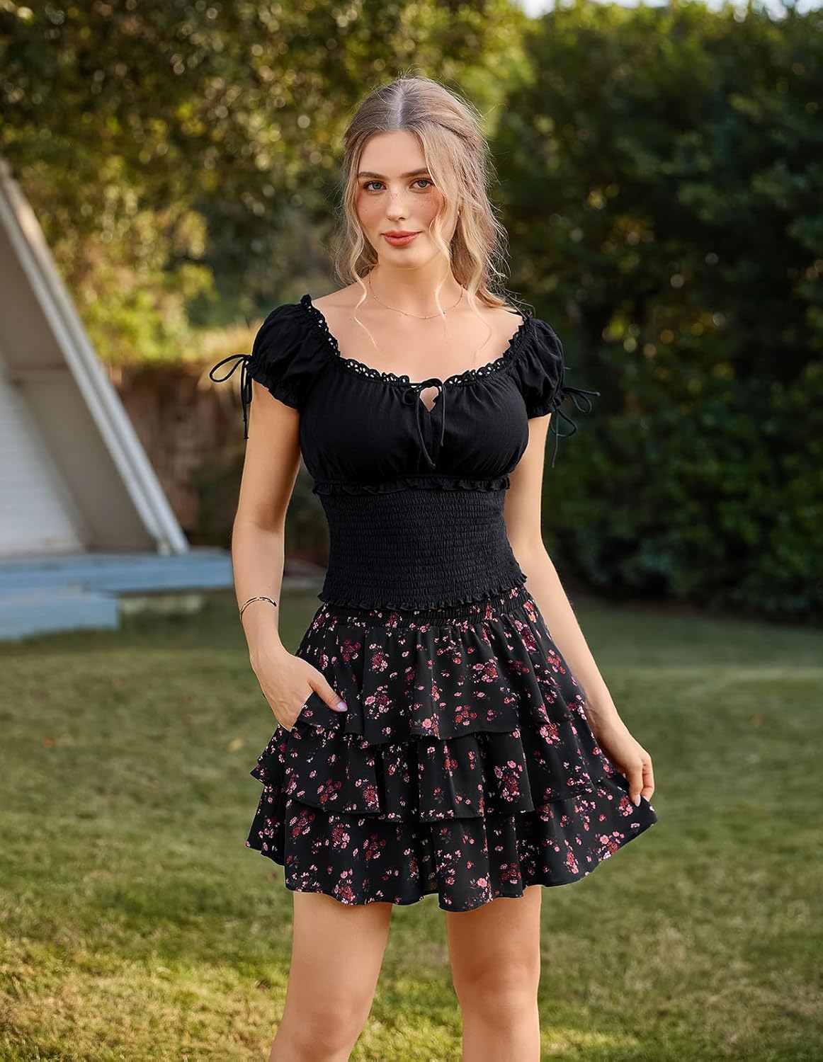 Scarlet Darkness Mini Skirts for Women Summer Floral Skorts Tiered Ruffle Shorts Skater Boho Skirt with Pockets - Image 2