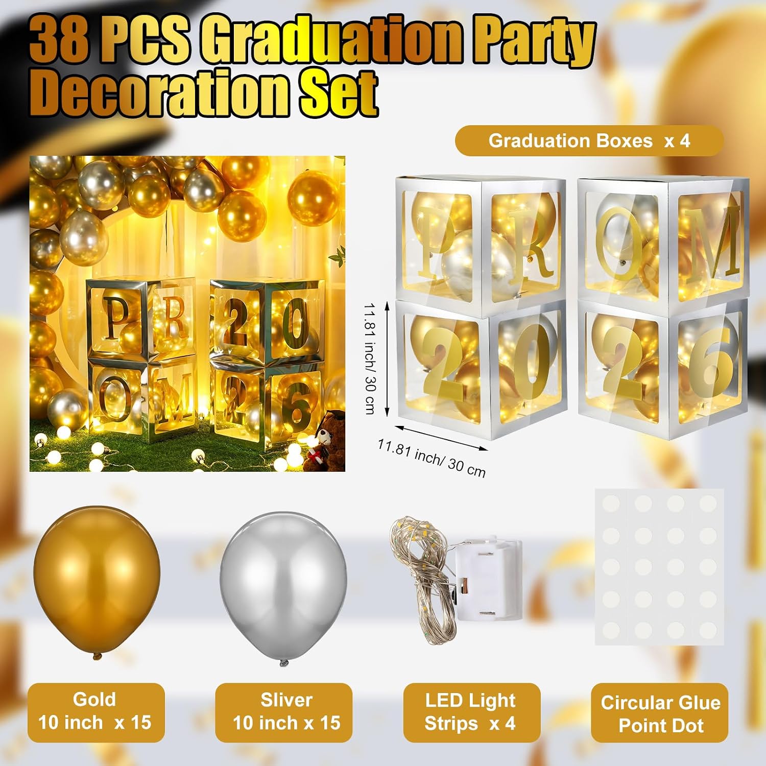 Prom Decorations for Party 2026 Night Grad Supplies Graduation 2026 Balloon Box Kit with LED String Lights for High School College Prom Party Favors(Silver)