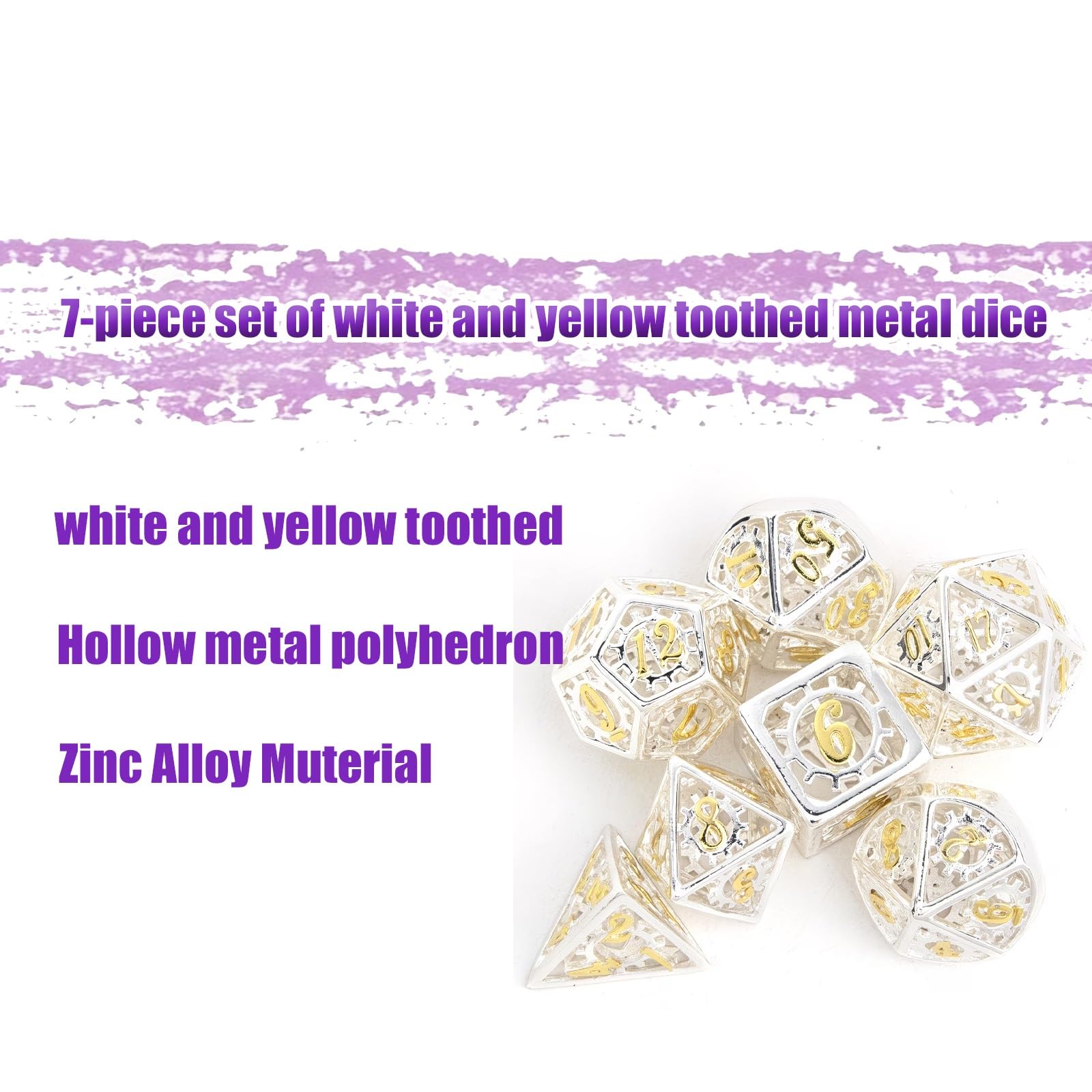 Ensemble de 7 Dés en Métal Dentelés Blancs et Jaunes, Polyèdres Creux, Compatibles avec Les Jeux de Rôle Les Jeux de Plateau et Les Jeux de Cartes
