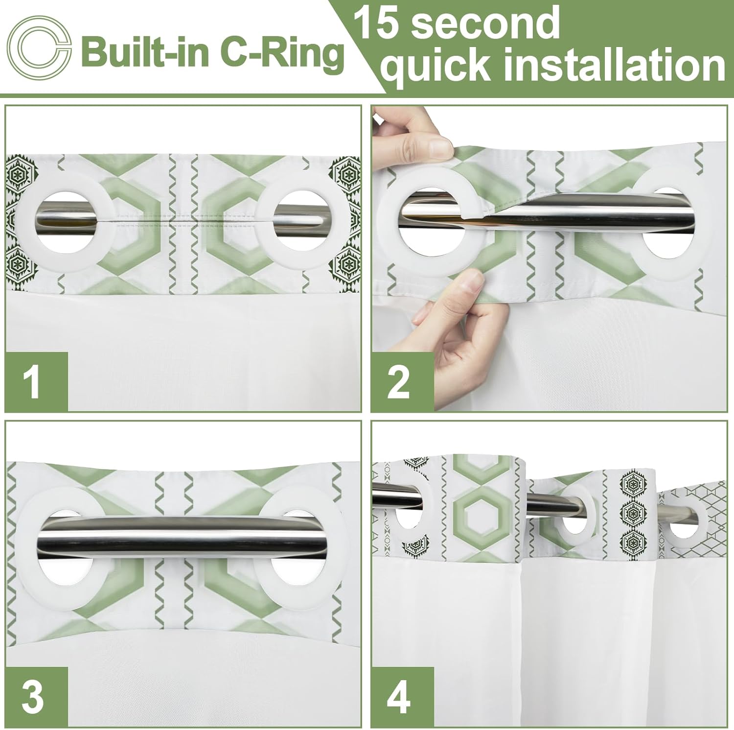 No Hook Shower Curtain with Snap in Liner and Sheer Window, Modern Hotel Style Shower Curtain Set for Bathroom Decor, Washable and Quick Install, Green and White, 71 X 84 Inches