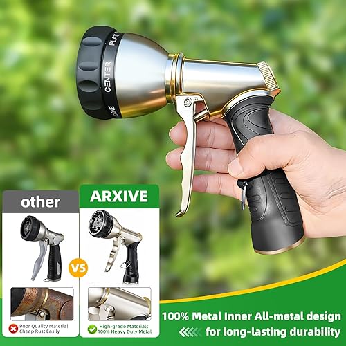 Miniatura 4 de ARXIVE Boquilla de manguera de jardín, rociador de mano de alta presión resistente, boquilla rociadora de manguera de agua 100% metal con 7 patrones