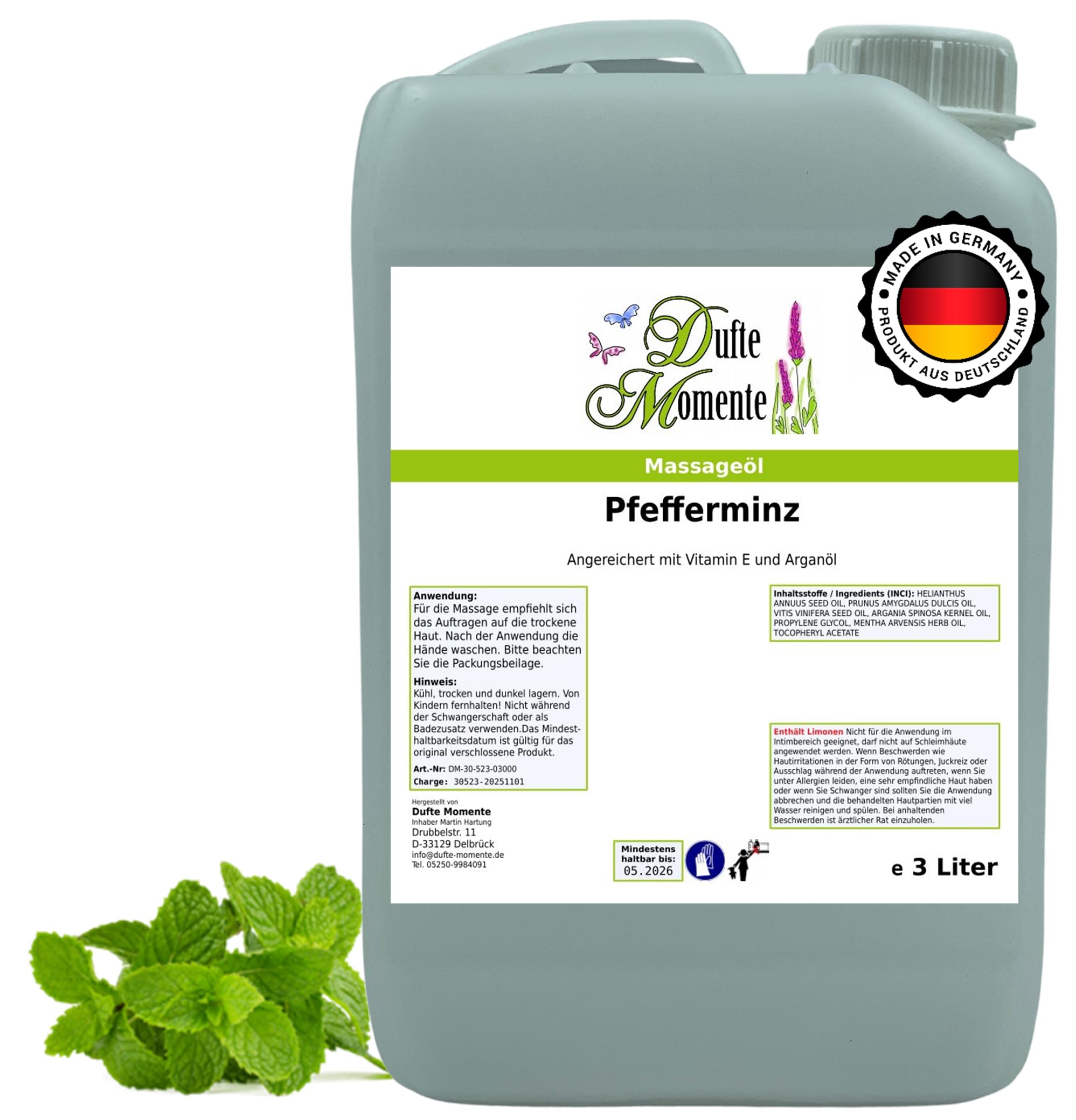 Dufte Momente Massageöl Pfefferminze – 3 Liter – Pflanzenölbasis mit ätherischem Pfefferminzöl – erfrischend & belebend – für Massage & Wellness – vegan & Made in Germany