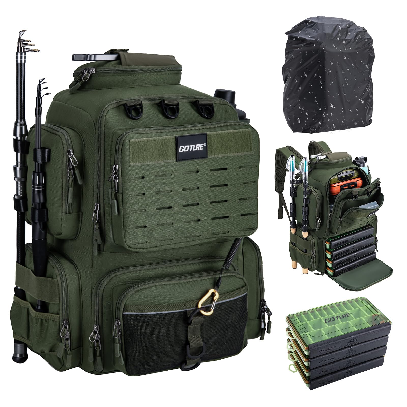 Goture Zaino da pesca con 4 scatole per esche da pesca, 45 litri, con due supporti per canna e parapioggia, in tessuto Oxford 900D, impermeabile, borsa per attrezzatura da pesca con scomparto