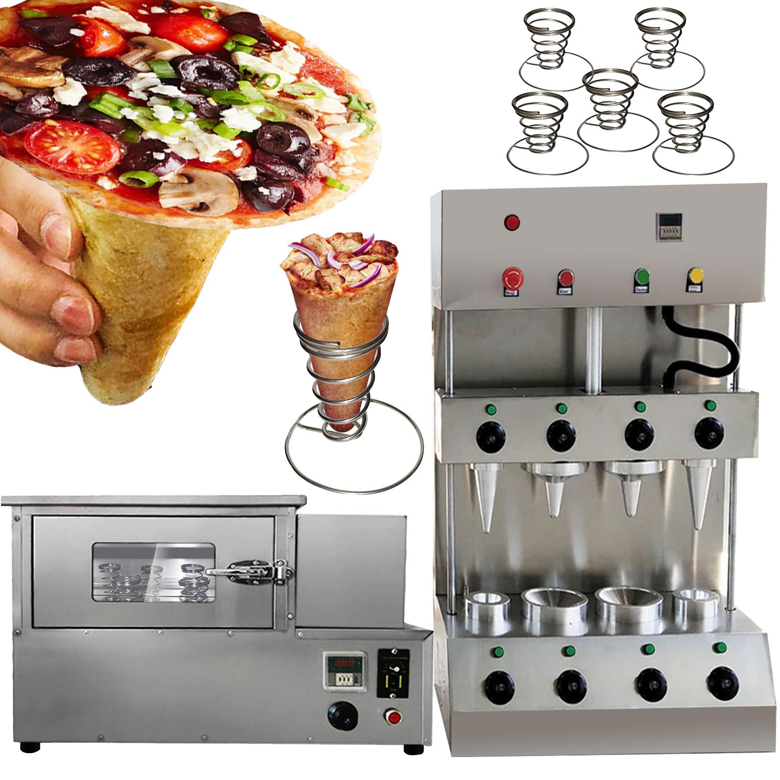 TXMACHINE® Pizza cone machine 4 cone maker with pizza oven,display warmer,pizza cone making machine,4 shapes (2 cone+2 umbrella maker+oven, 110V/60HZ)