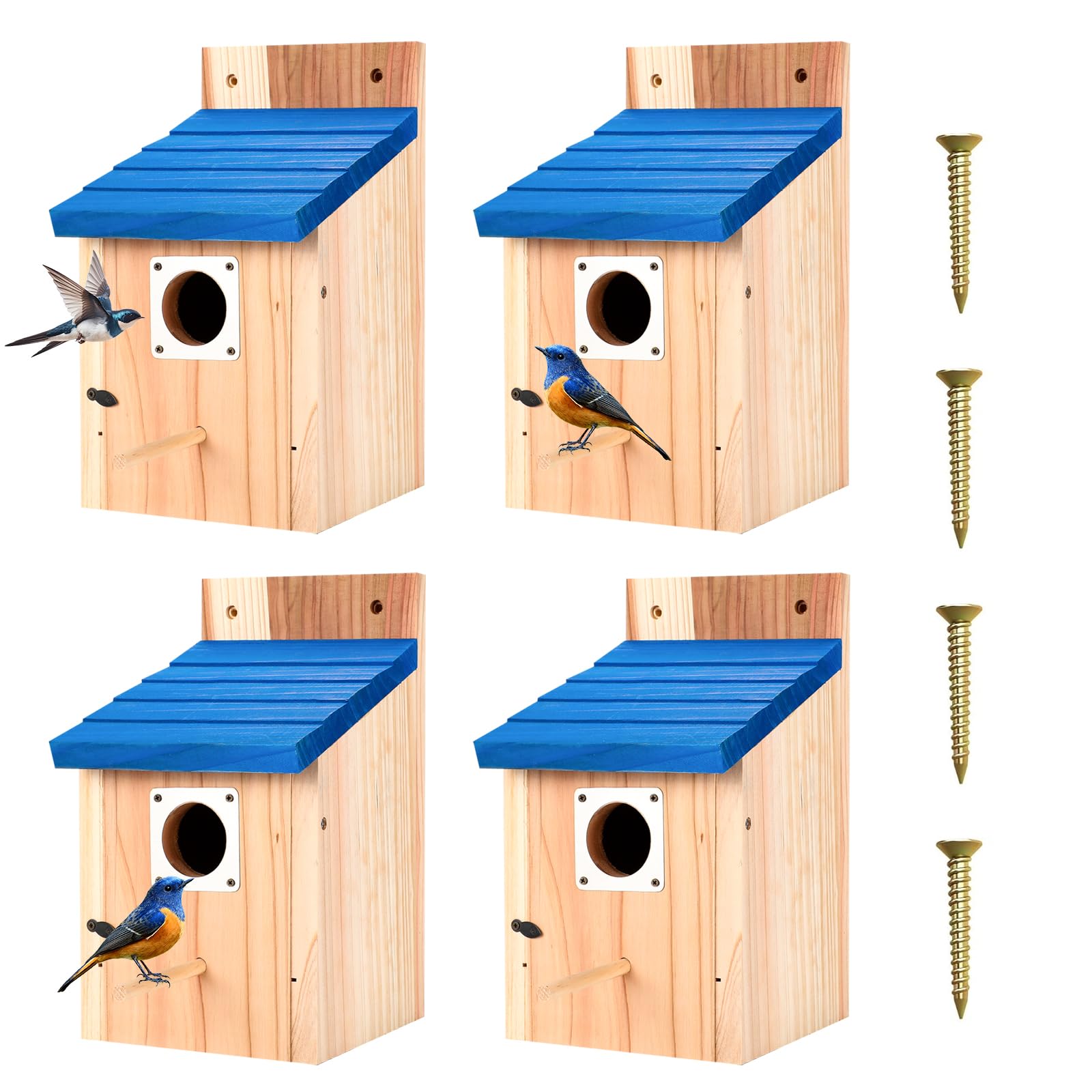 4-Pack Blue Wooden Bird Houses for Outdoors with Predator Guard, Bluebird Houses for Outside – Ideal for Bluebirds & Other Backyard Birds, Blue