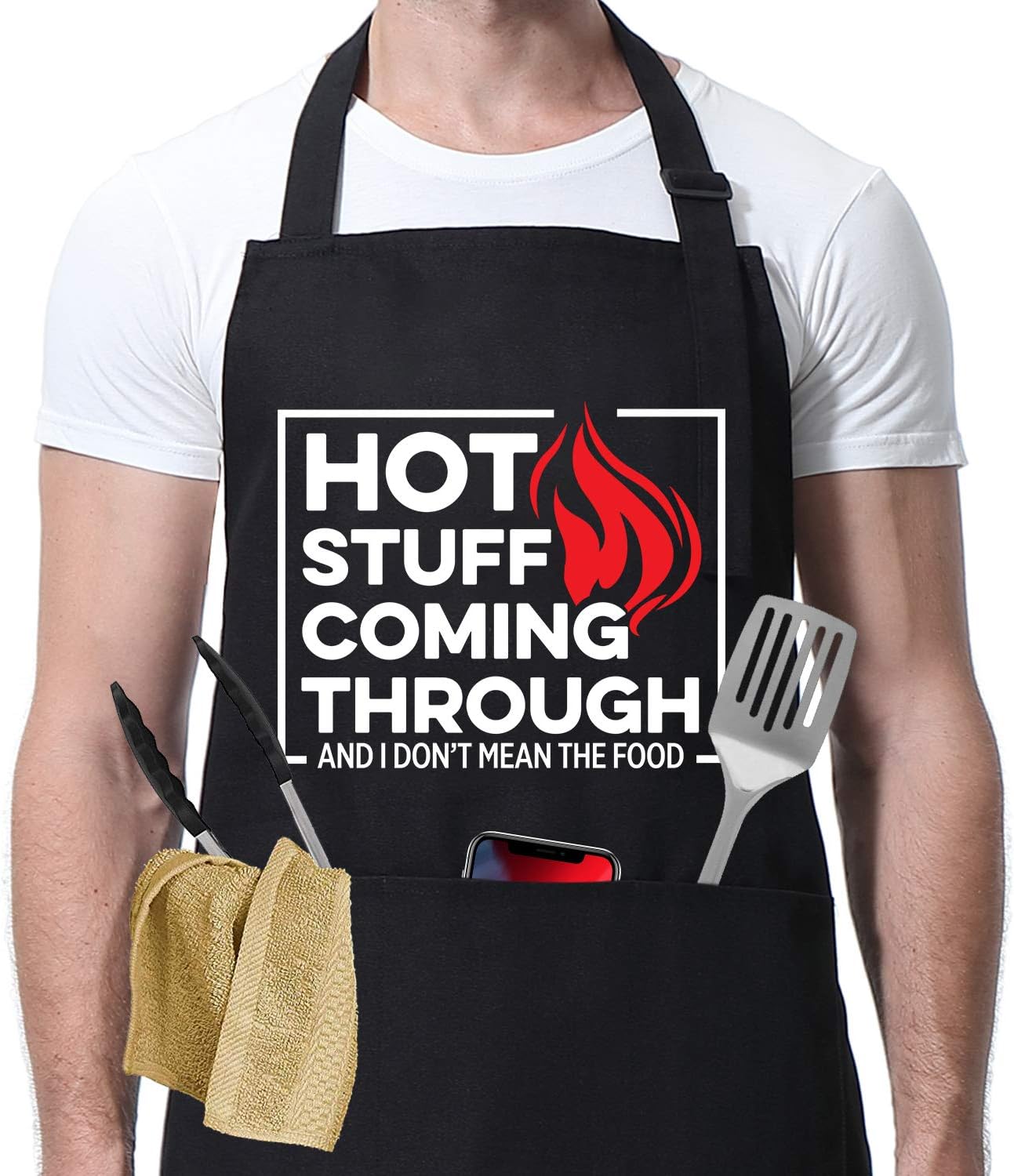 Miracu Funny Aprons for Men, Grilling BBQ Apron - Husband Valentines Gifts from Wife - Birthday, Valentines Gifts for Him, Boyfriend, Fiance, Guy - Cooking Gifts for Men - Hot Stuff Coming Through