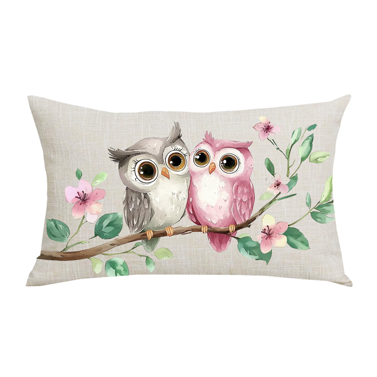WENIANRU Ink Painting Watercolor Grey Pink Owl Bird Spring Summer Home Sofa Chair Bed Decoration Lumbar Pillowcase Cotton Linen Decorative Throw
