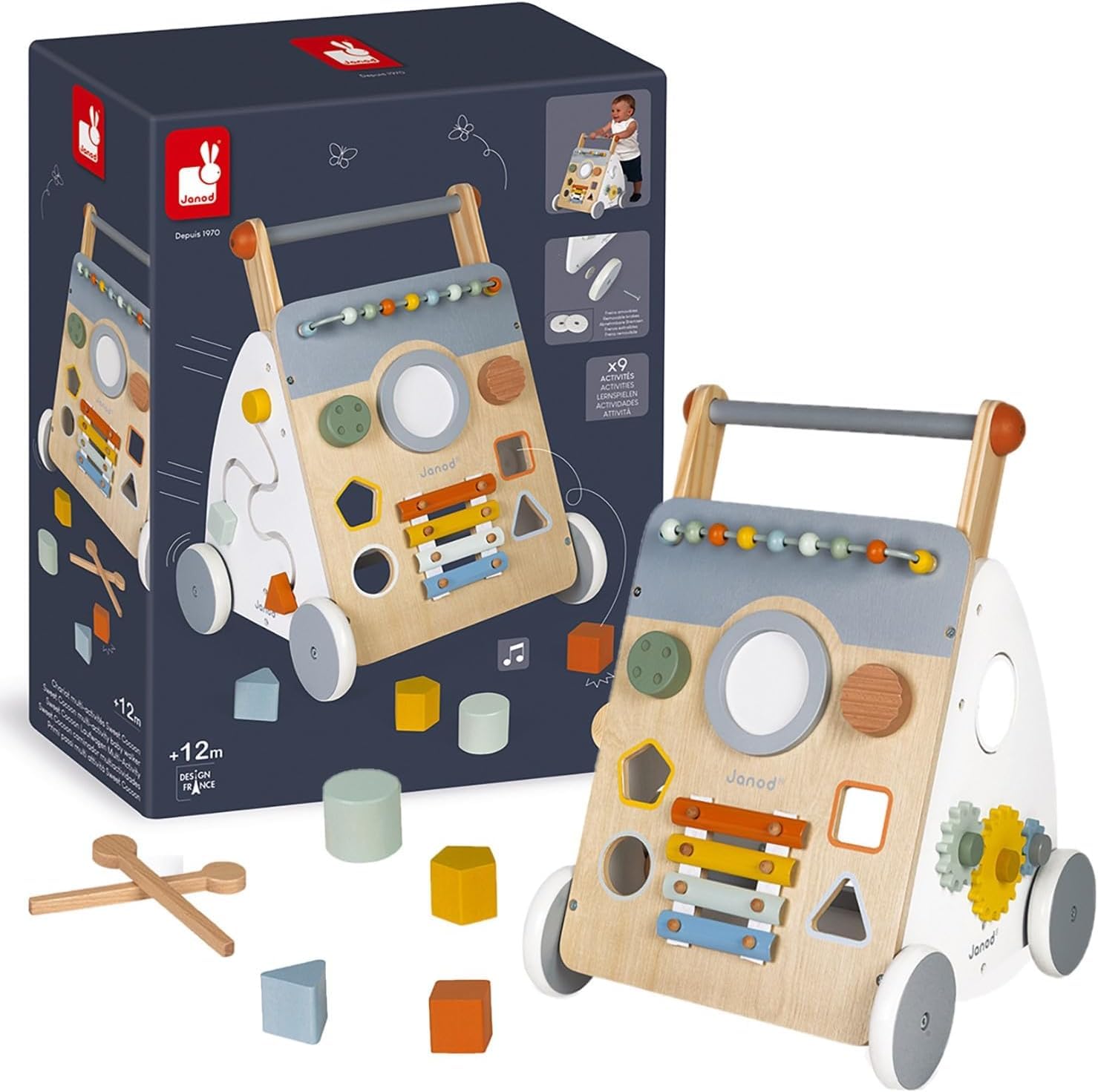 Janod - Chariot Multi-Activités Sweet Cocoon - Chariot de Marche en Bois à Pousser - 9 Activités - Roues Silencieuses, Peinture à l'eau - Jouet pour Enfants Évolutif à Partir de 12 Mois, J04410