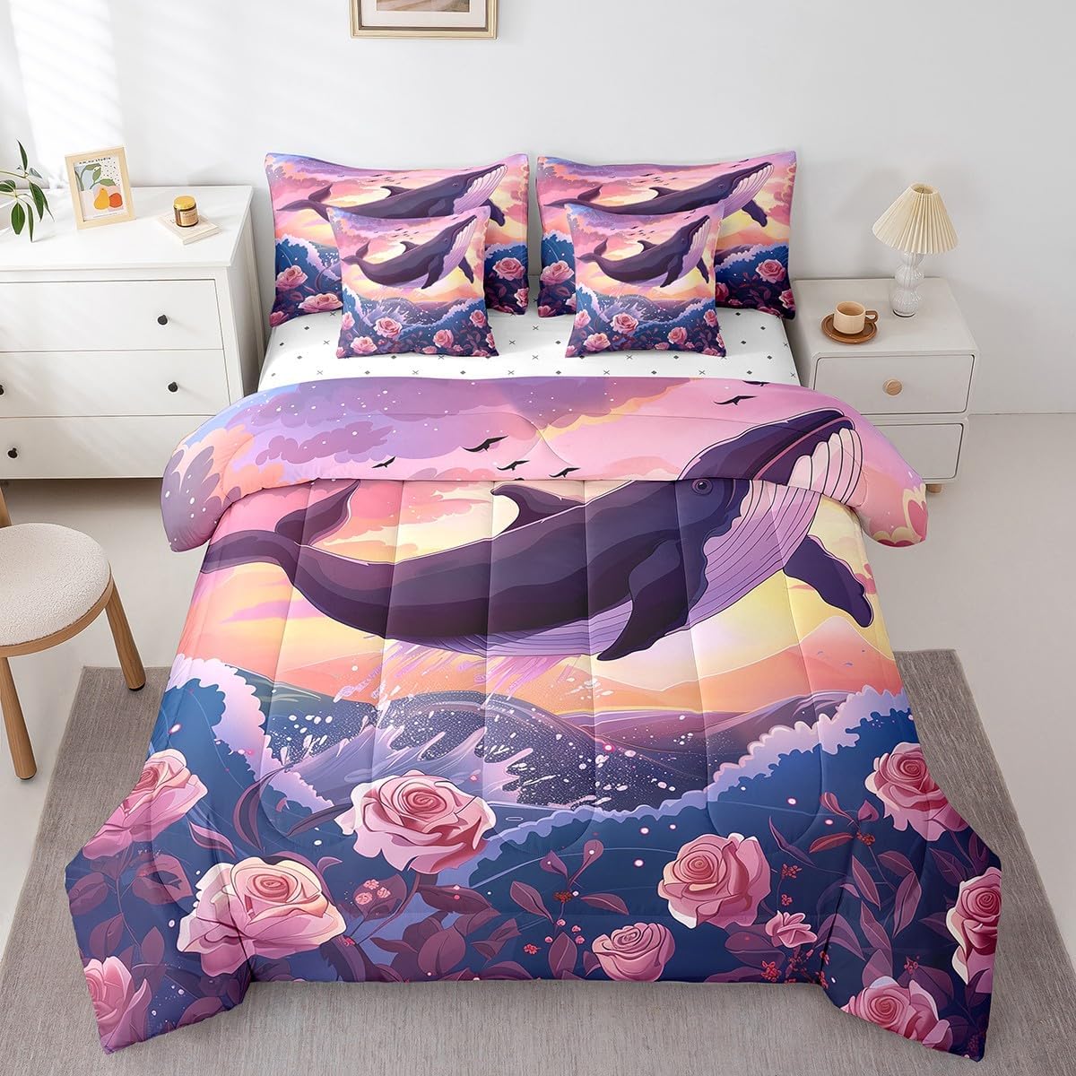 Erosebridal Whale Bed in a Bag Queen Comforter Set 7 Piece,Pink Rose Bedding Sets Nautical Sea Animal Bed Set,Flowers Coastal Sheet Set with Comforter