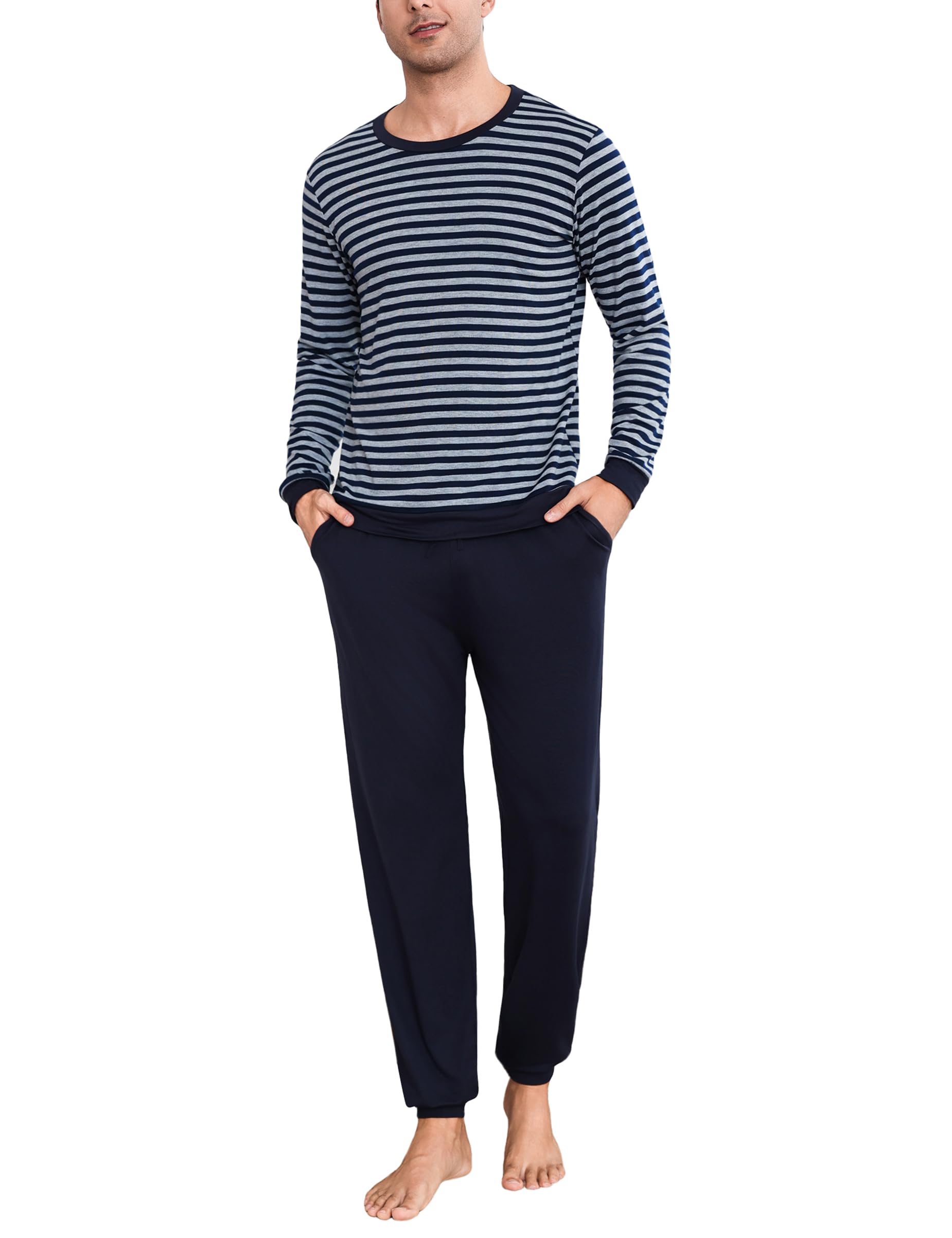 Bresdk Pigiama Uomo Lungo Cotone Pigiama Uomo Invernale Manica Lunga Pigiami Due Pezzi con Collo Rotondo e Strisce