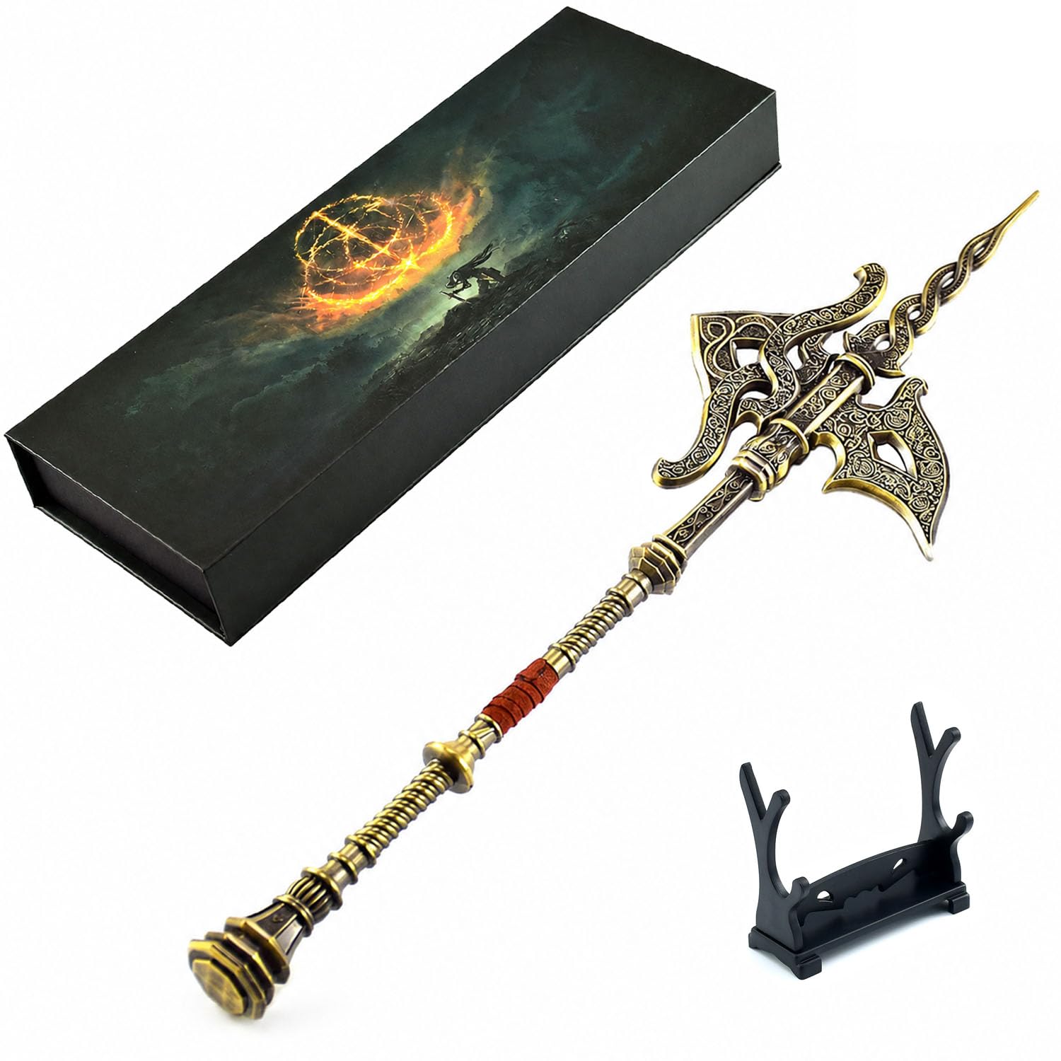 Wonsunte Elden Golden Halberd Replica, 30 cm / 11.8 in Full Metal Collectible Model with Stand and Gift Box, Gaming Memorabilia, Desk Decor, Collector Display Piece
