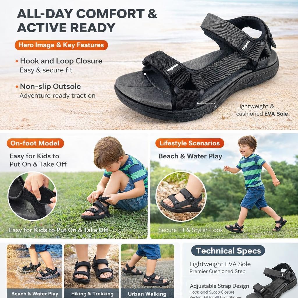 Kid Sandals Boy Summer Sports Hiking Sandals Adjustable Straps Toddler Little Big Kid