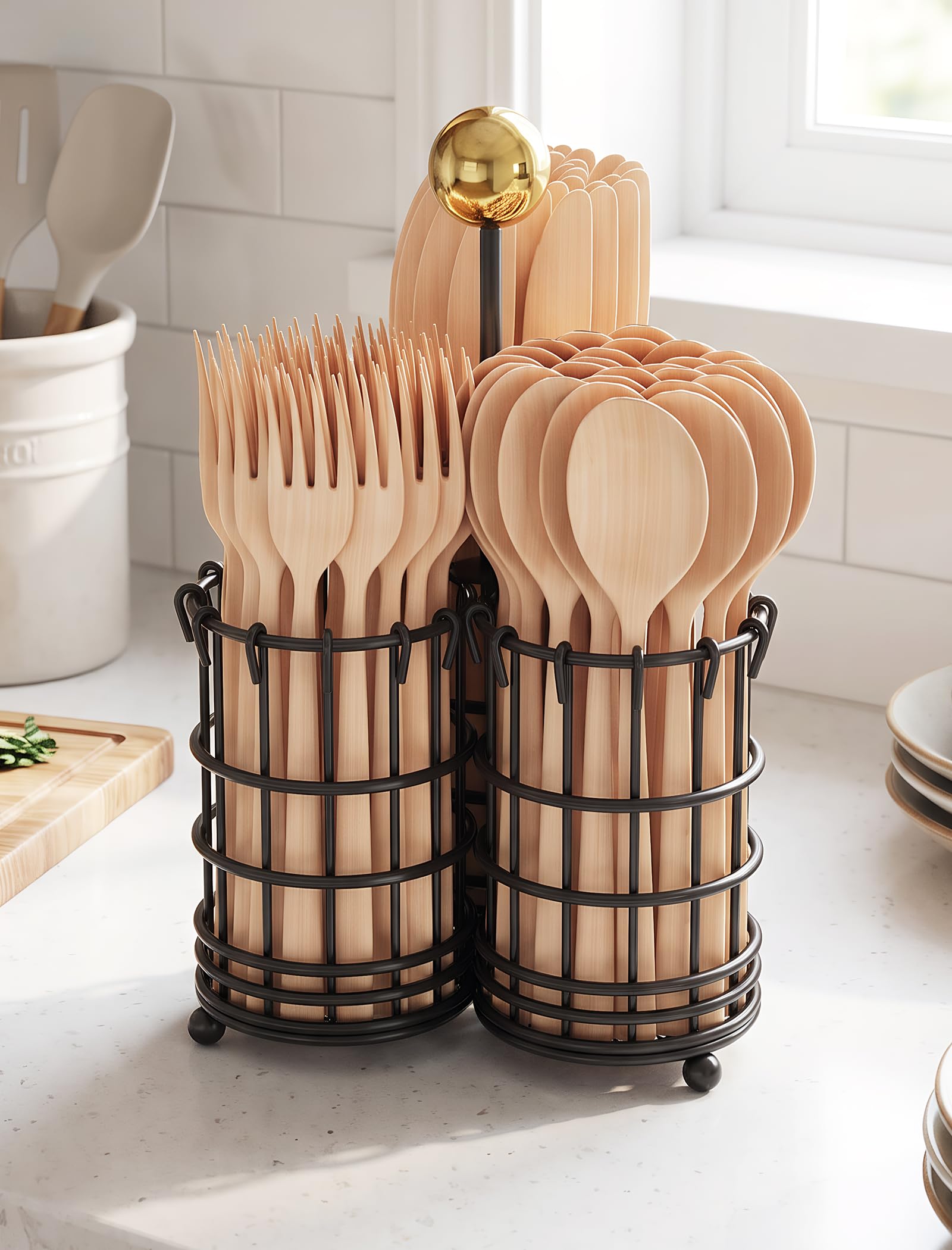 NiHome Cutlery Holder with Handle, 3 Compartment Metal Utensil Caddy Black
