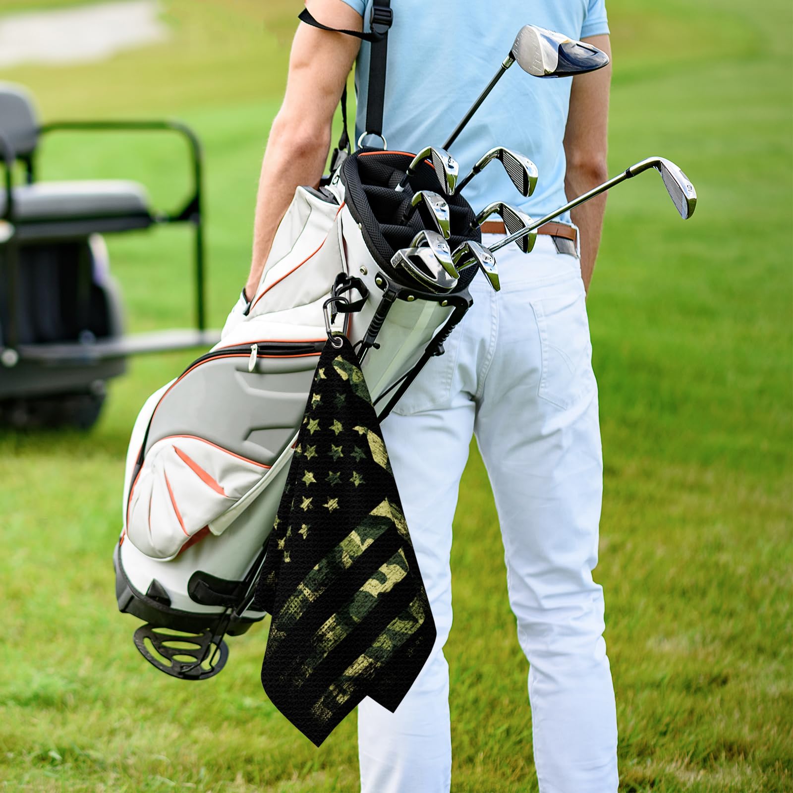 Paquete de 2 toallas de golf de camuflaje con bandera estadounidense, toallas de golf vintage para bolsas de golf, hombres y mujeres, toalla de golf de microfibra de camuflaje verde con clip,