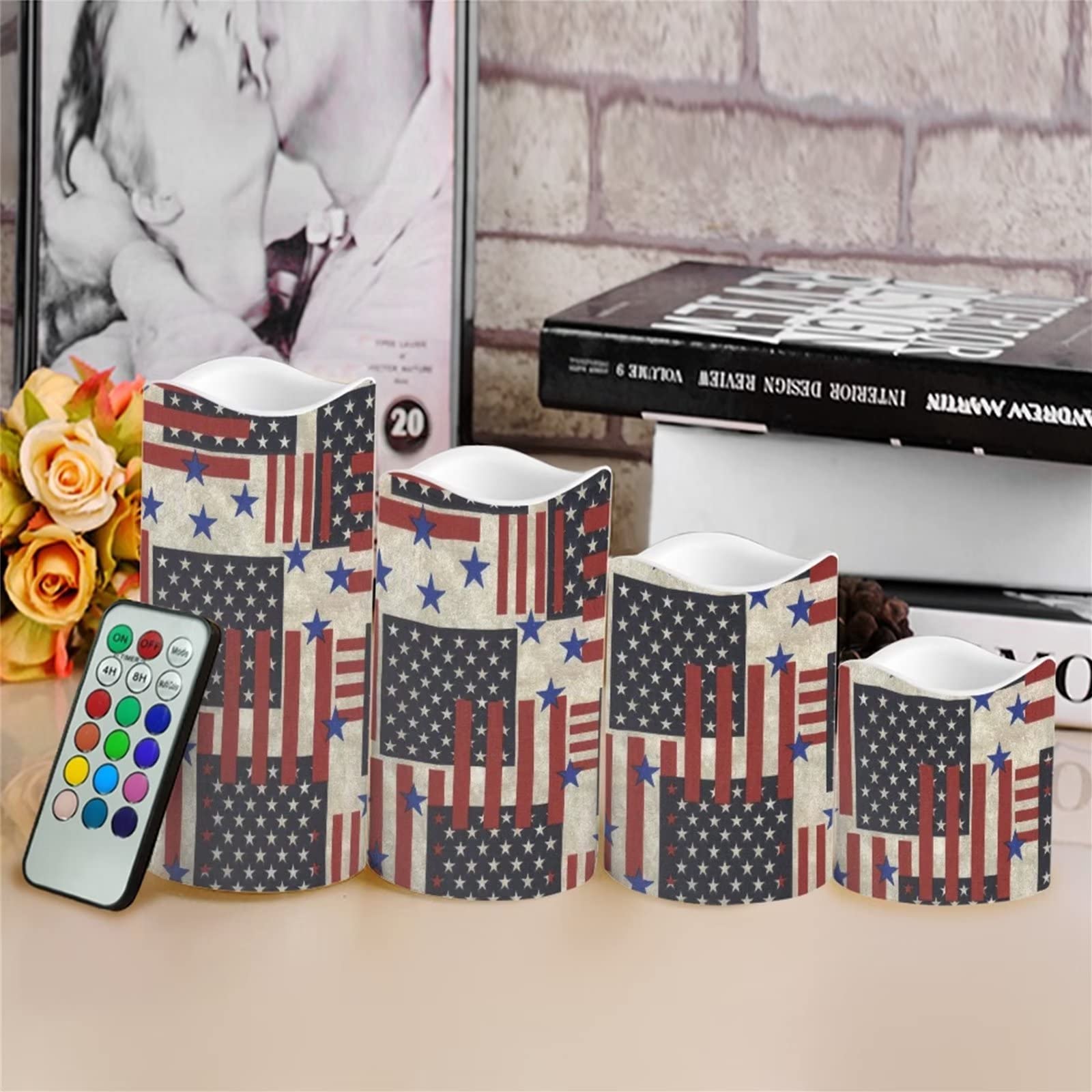 DISNIMO Velas LED sin llama con parpadeo de la bandera americana, velas de pilar de cera LED eléctricas para exteriores, para exteriores, decoración de festivales, etc