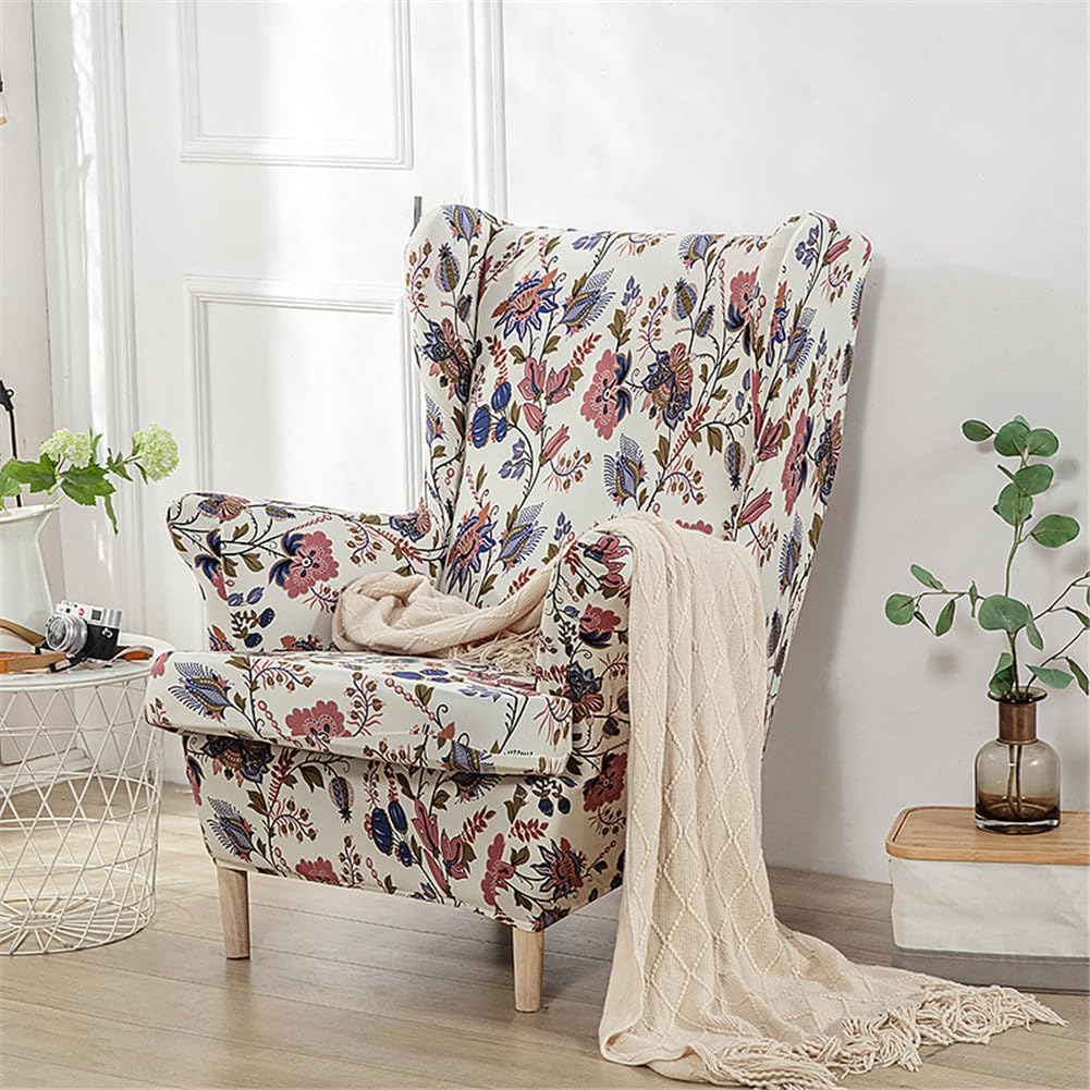 2-Pezzi Copripoltrona con Orecchie Elasticizzato, Lavabile Copridivano da 1 Posto con Fodera per Cuscino, Copridivano Poltrona con Schienale Largo Protettiva (Giardino Primaverile)