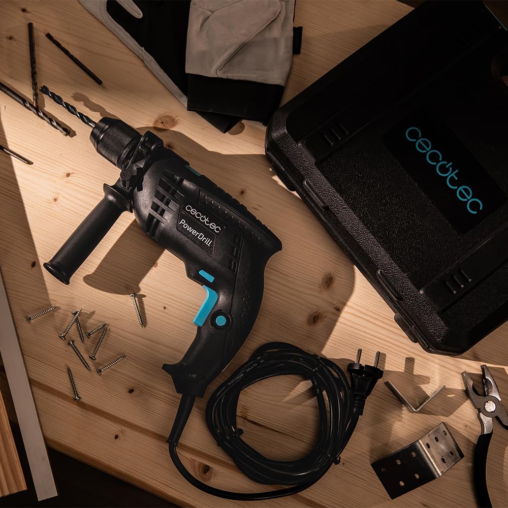 Cecotec PowerDrill 850 EasyAdjust. 850 Wiertarka elektryczna, 850 W, 46000 uderzeń na minutę, 4800 obr/min, bardzo długi przewód 3m, uchwyt wiertarski bezkluczykowy 13mm średnica, W pełni wyposażony