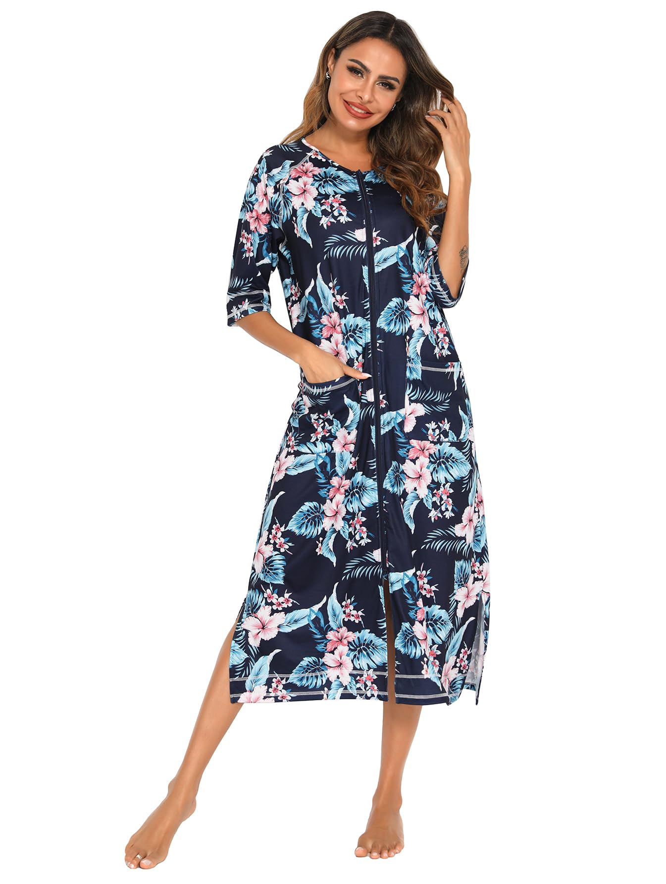 Citridarll Women's Blue Leaf Zip Up Robes Long Bathrobe Lightweight House Coat Soft Full Length Nightgown With Pockets, X-Large