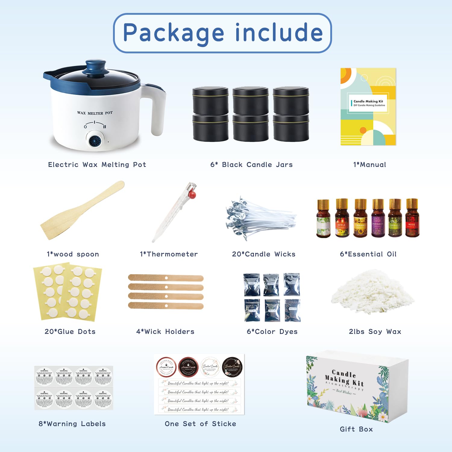 LINGQIAN Kit de fabricación de velas de soja con fundidor de cera eléctrico, kit pack para hacer velas aromáticas, incluye 2 libras de cera de soja, mechas, perfumes, tintes, frascos