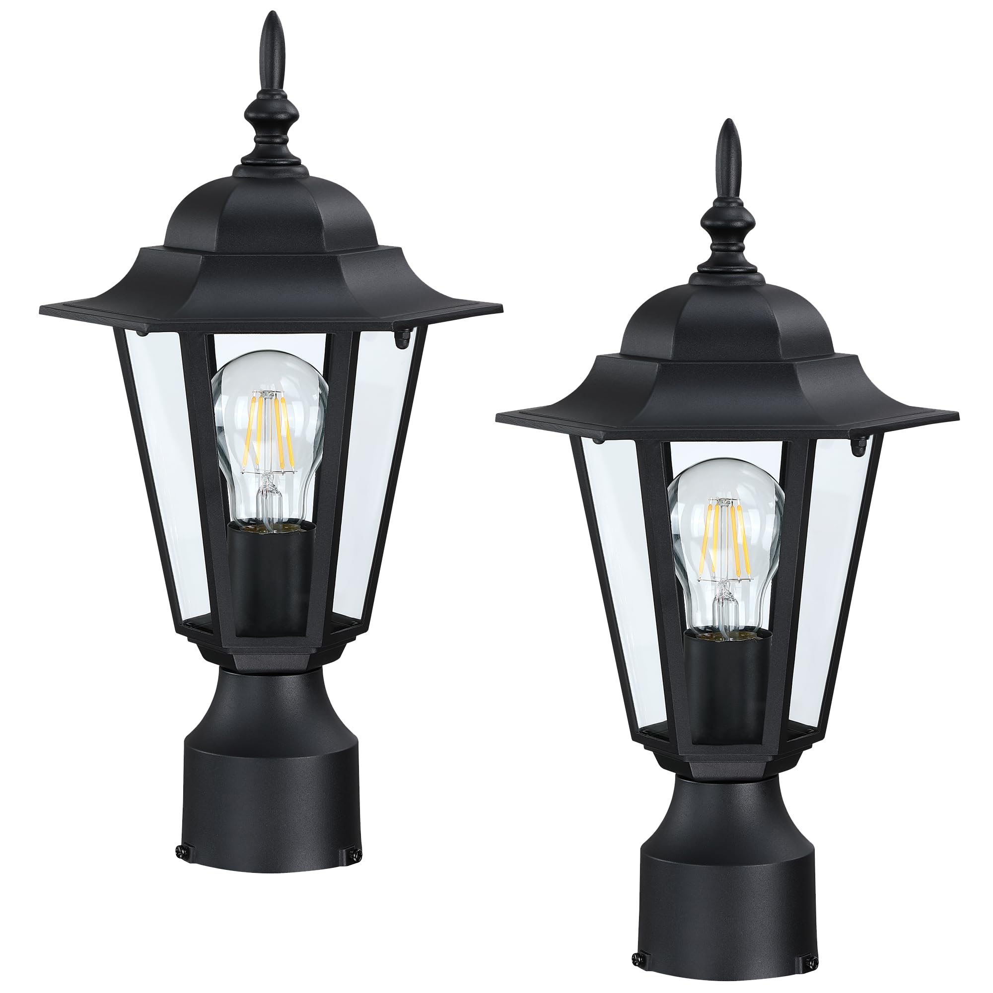 Outdoor Post lights Hard Wired, Waterproof Column Lantern with Clear Glass Shade, Anti-Rust Pillar Mount Sconce Electric Powered, Matte Black Pole Lamp with E26 Socket for Yard, Outside, House, 2 Pack