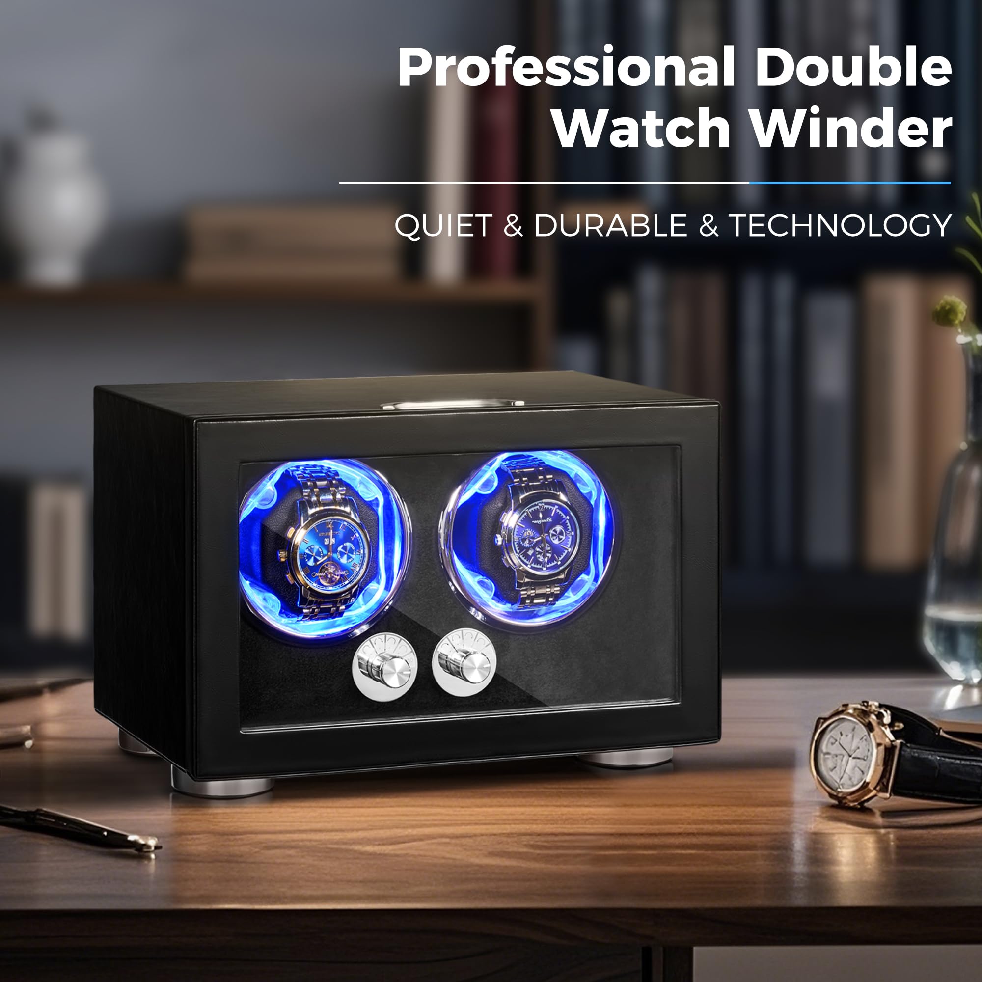ANWBROAD Enrollador de relojes automáticos, rotador doble con LED y 4 modos, motor Mabuchi super silencioso, adaptador UJWW004B.